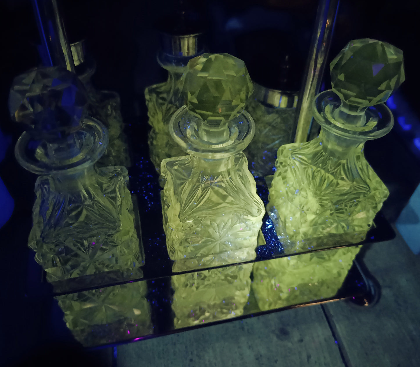 Victorian English Silver Plate Cruet Stand, Cut Glass Bottles Set: Briddon, Sheffield, 1880s