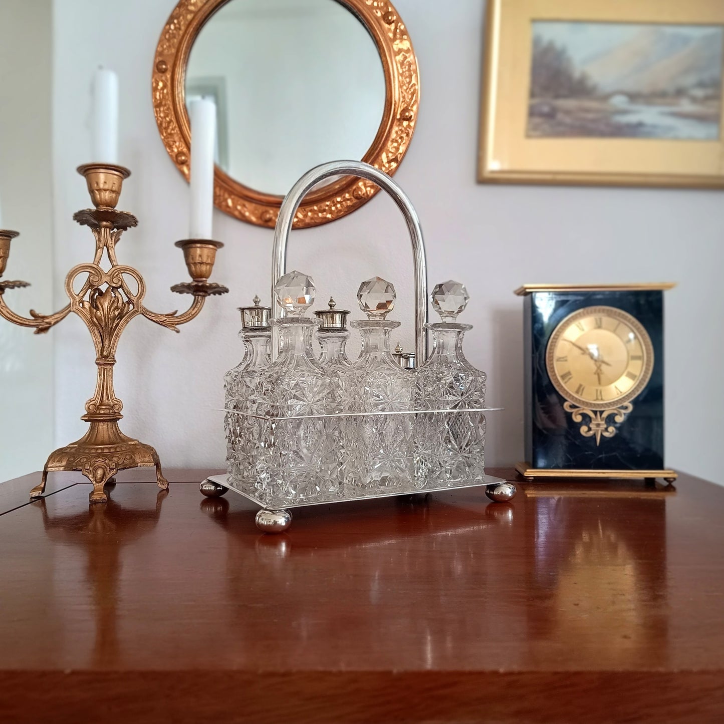 Victorian English Silver Plate Cruet Stand, Cut Glass Bottles Set: Briddon, Sheffield, 1880s