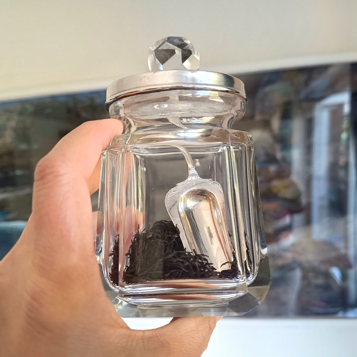 Vintage Art Deco Hallmarked Sterling Silver Tea Caddy Spoon &Cut Crystal Loose Tea Jar