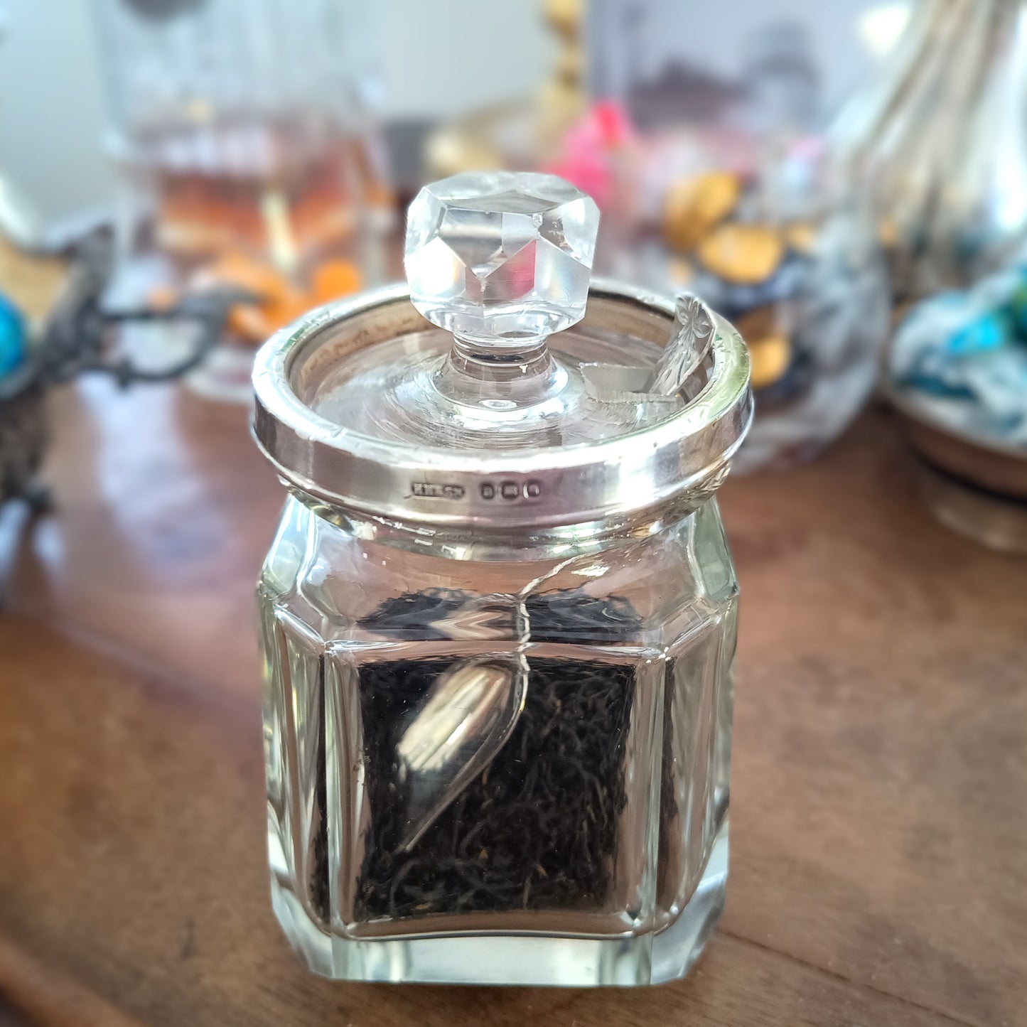 Vintage Art Deco Hallmarked Sterling Silver Tea Caddy Spoon &Cut Crystal Loose Tea Jar