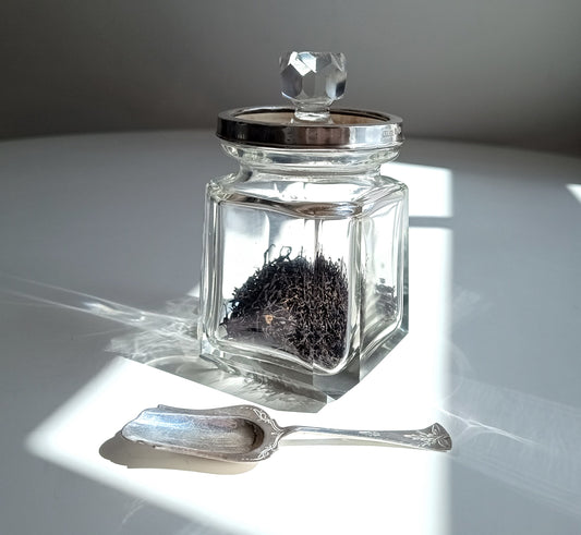 Vintage Art Deco Hallmarked Sterling Silver Tea Caddy Spoon &Cut Crystal Loose Tea Jar