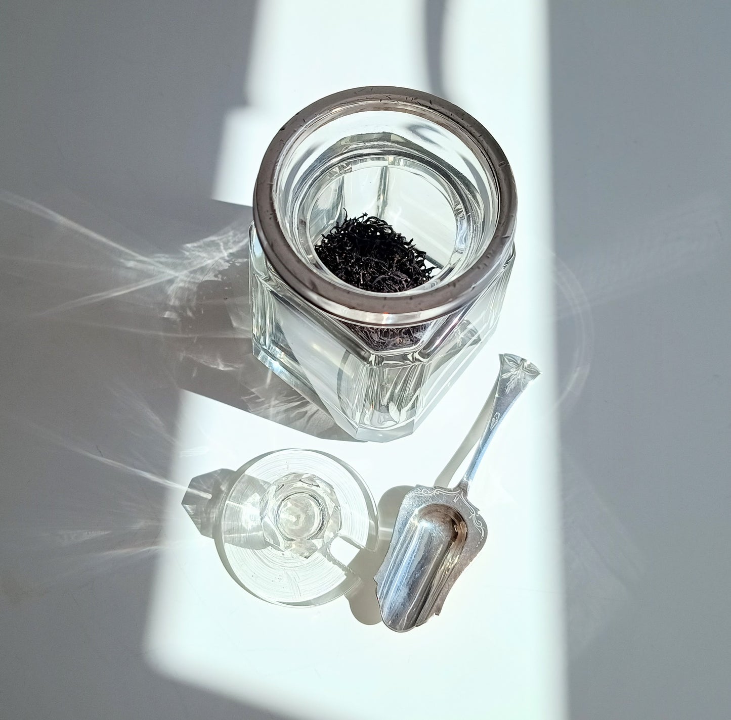 Vintage Art Deco Hallmarked Sterling Silver Tea Caddy Spoon &Cut Crystal Loose Tea Jar