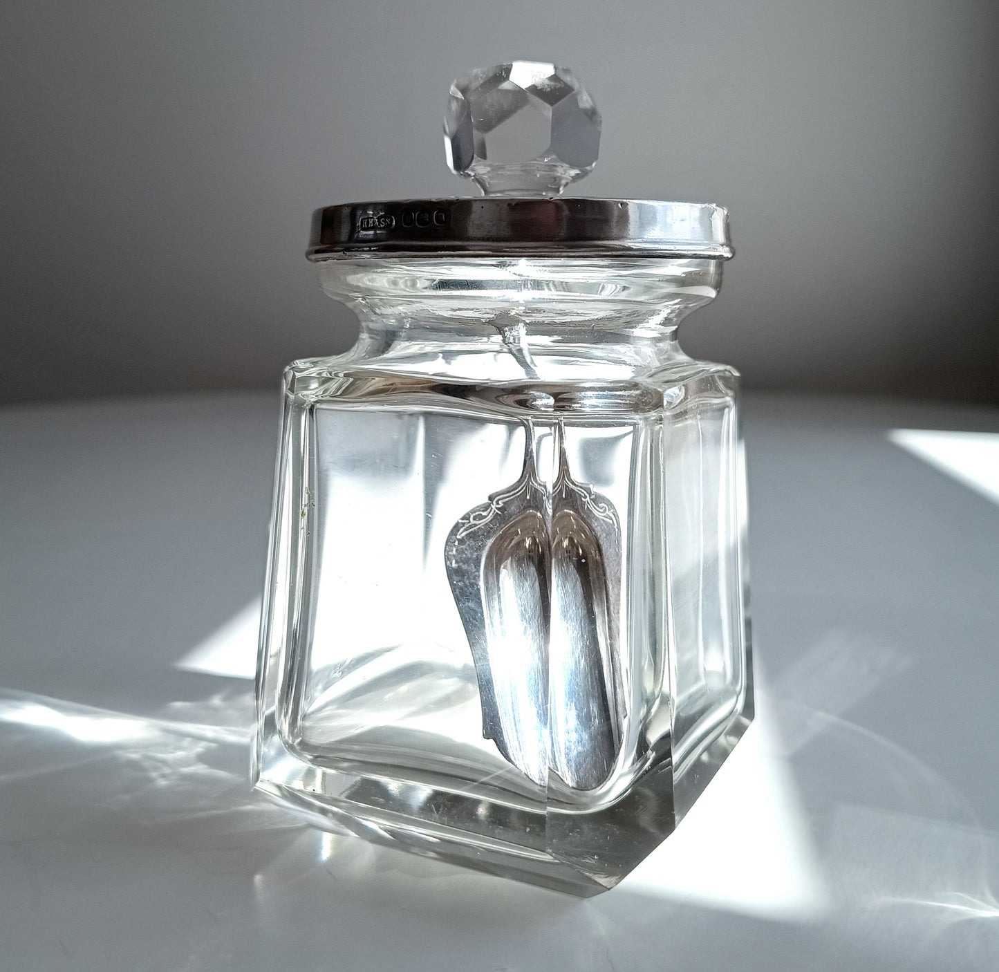 Vintage Art Deco Hallmarked Sterling Silver Tea Caddy Spoon &Cut Crystal Loose Tea Jar
