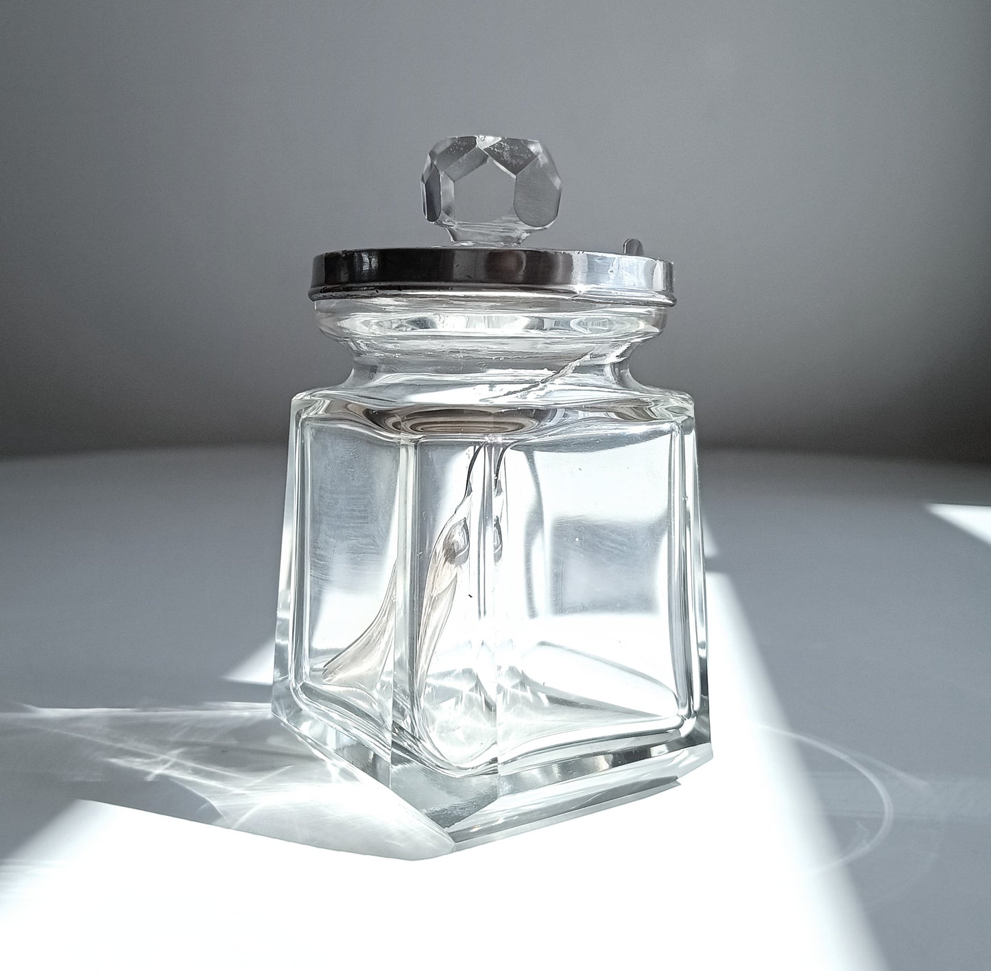 Vintage Art Deco Hallmarked Sterling Silver Tea Caddy Spoon &Cut Crystal Loose Tea Jar