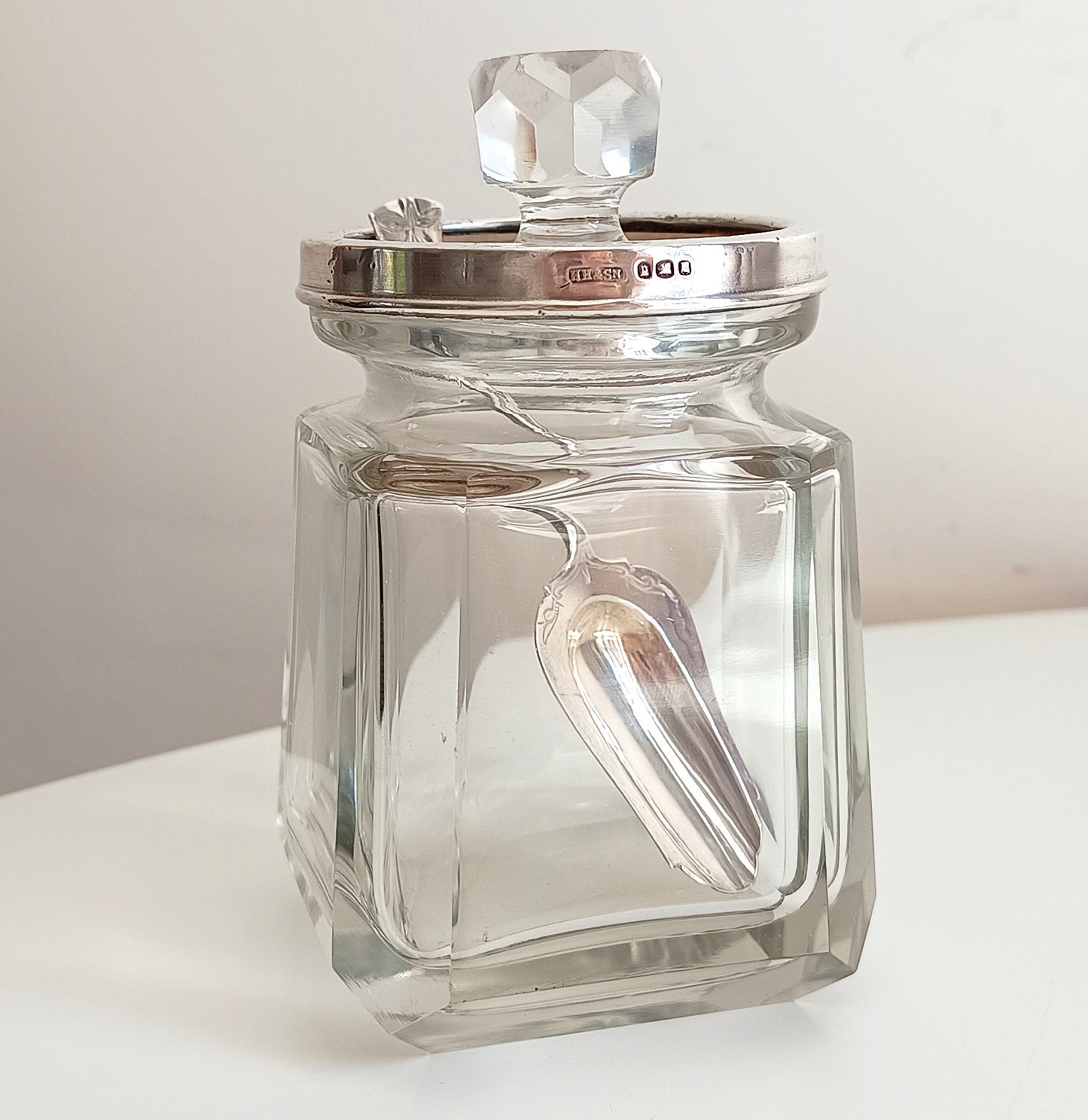 Vintage Art Deco Hallmarked Sterling Silver Tea Caddy Spoon &Cut Crystal Loose Tea Jar