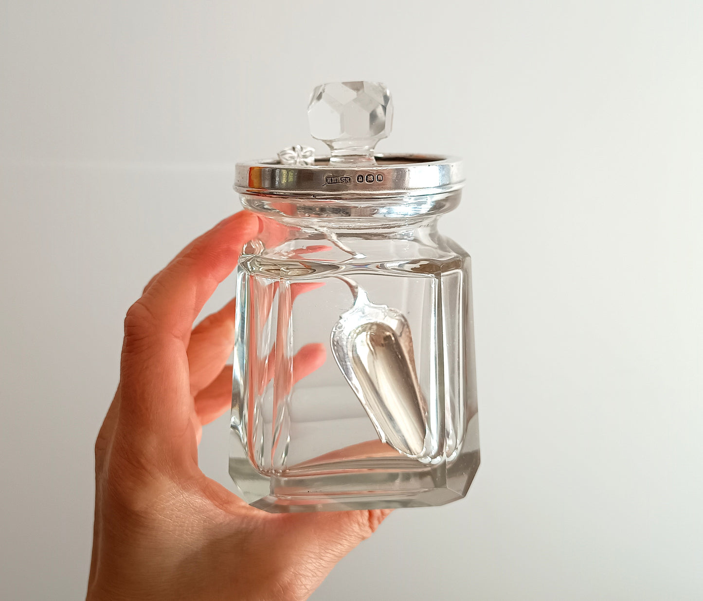 Vintage Art Deco Hallmarked Sterling Silver Tea Caddy Spoon &Cut Crystal Loose Tea Jar