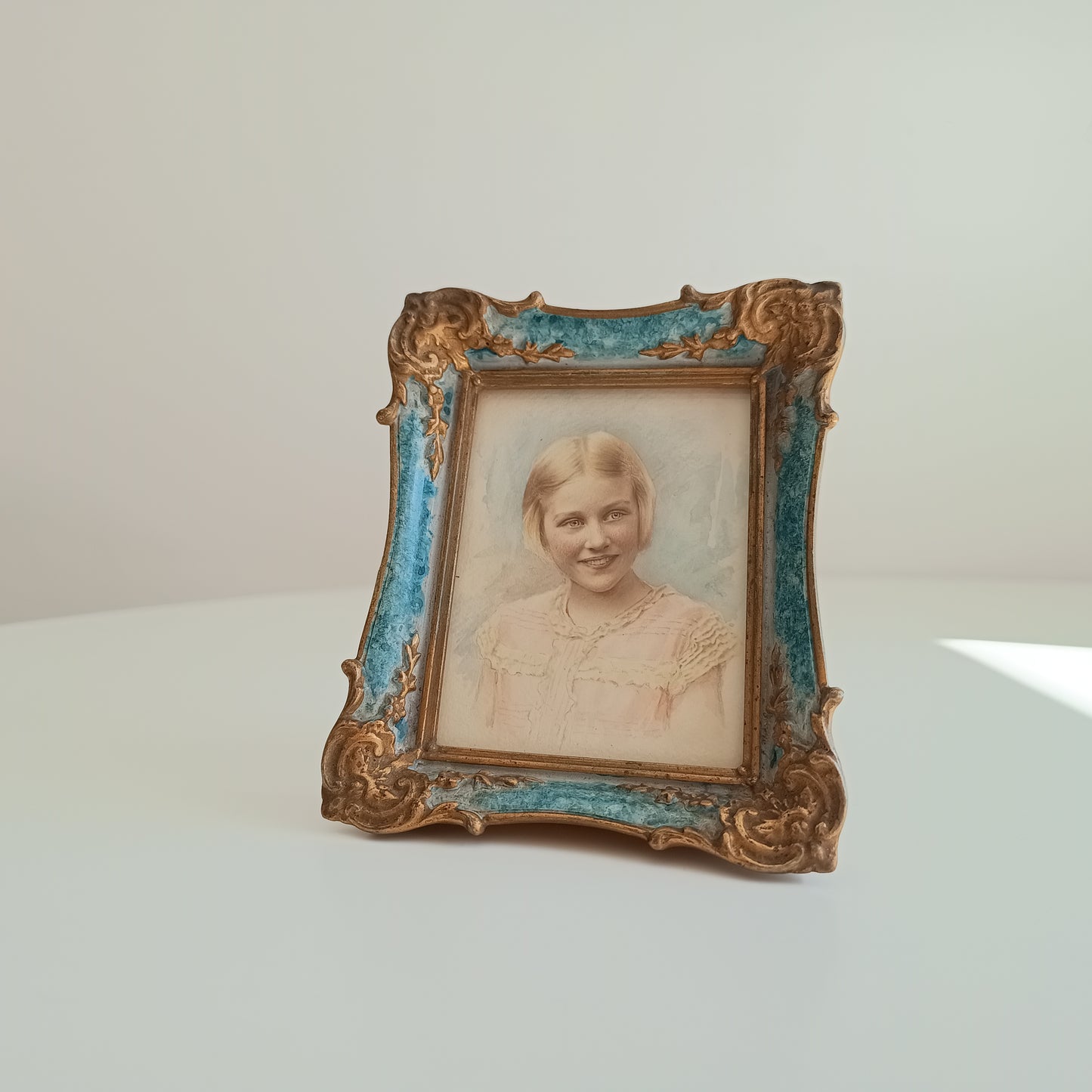 Antique Hand-Finished Pastel Miniature Portrait: Blond Girl, Turquoise Gilt Tabletop Frame