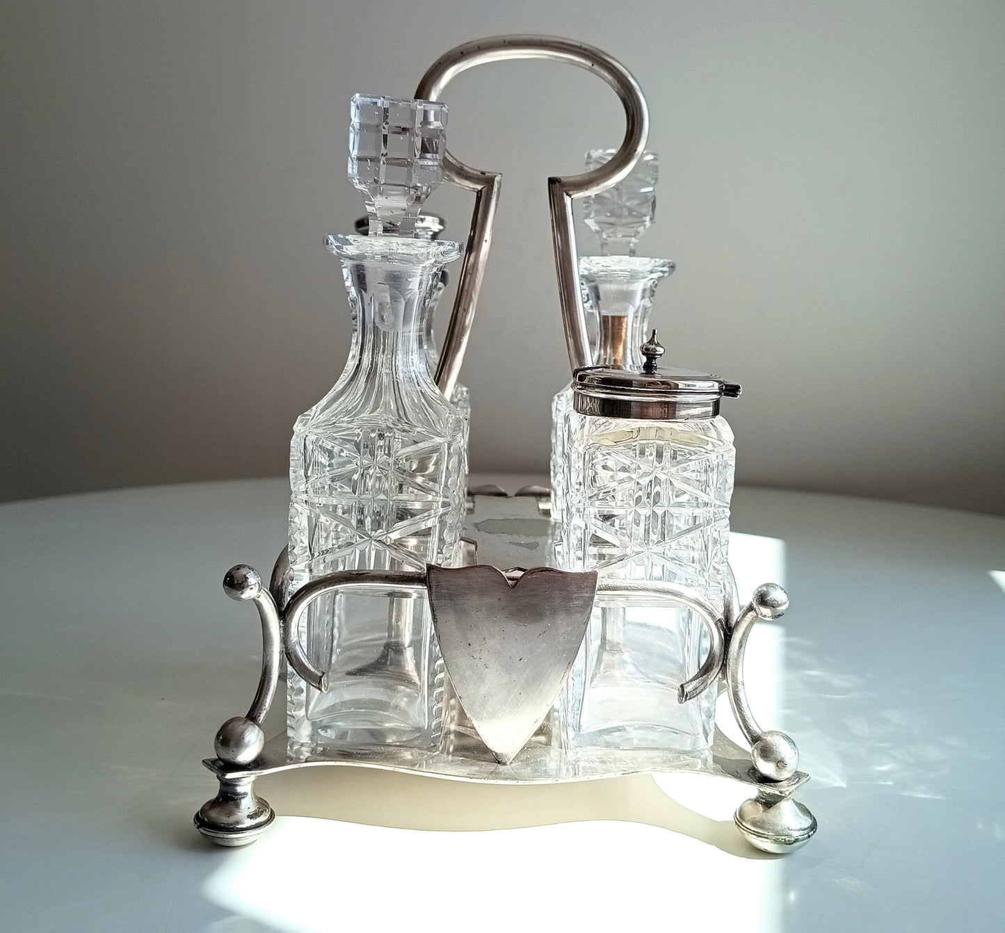 Antique Silver Plate Cruet Stand: Cut Glass Bottles, Cayenne Pepper Server, James Dixon, 1890s