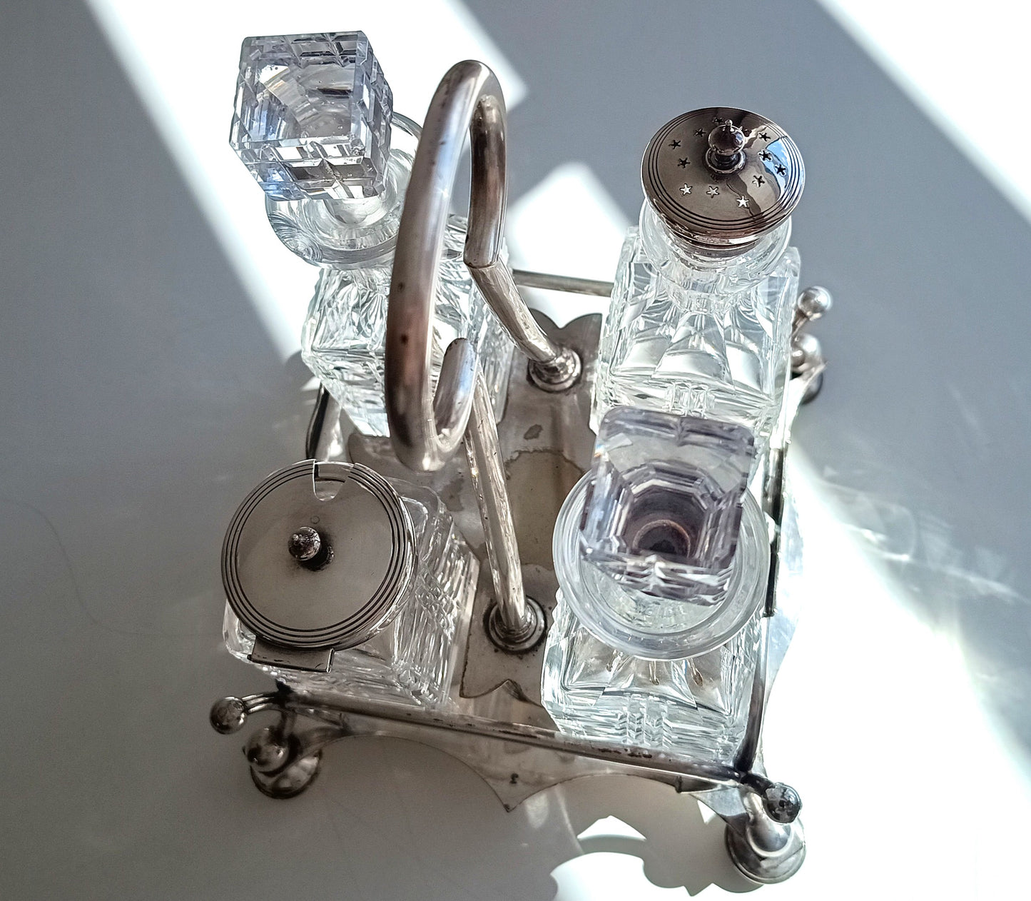 Antique Silver Plate Cruet Stand: Cut Glass Bottles, Cayenne Pepper Server, James Dixon, 1890s