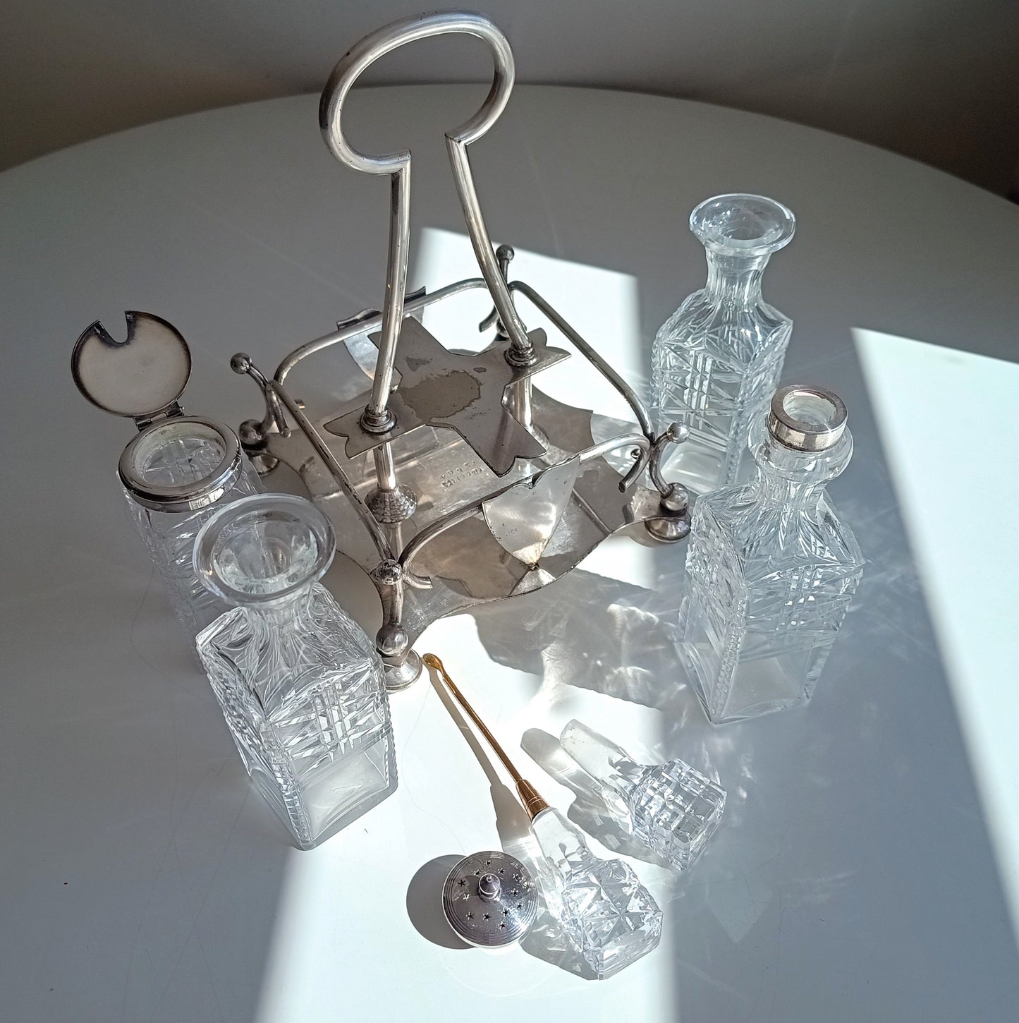 Antique Silver Plate Cruet Stand: Cut Glass Bottles, Cayenne Pepper Server, James Dixon, 1890s