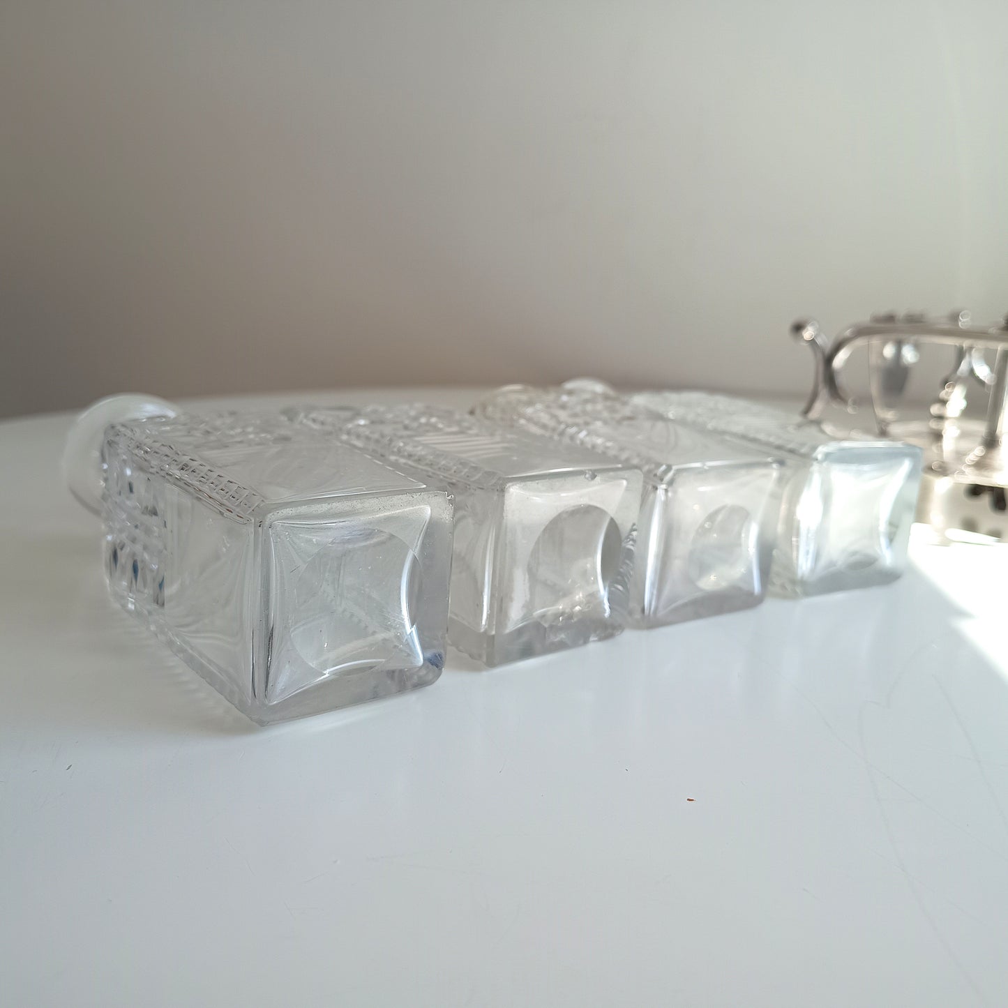 Antique Silver Plate Cruet Stand: Cut Glass Bottles, Cayenne Pepper Server, James Dixon, 1890s
