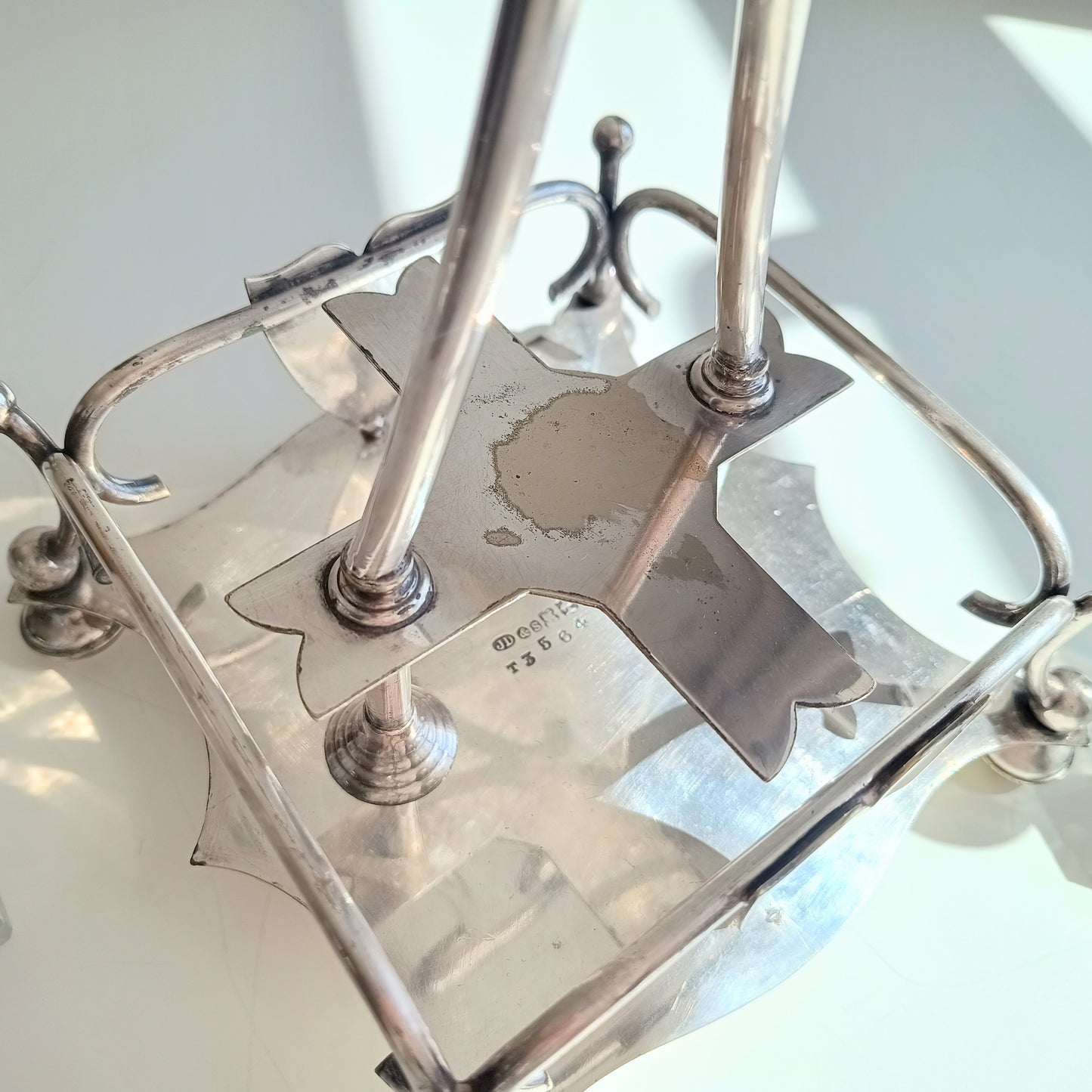 Antique Silver Plate Cruet Stand: Cut Glass Bottles, Cayenne Pepper Server, James Dixon, 1890s