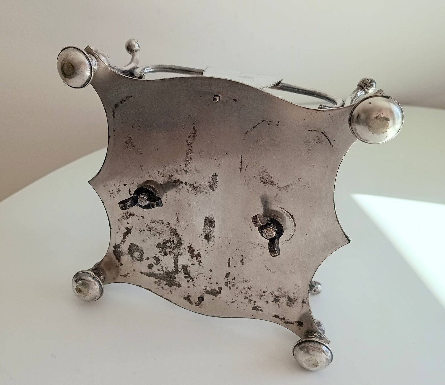 Antique Silver Plate Cruet Stand: Cut Glass Bottles, Cayenne Pepper Server, James Dixon, 1890s