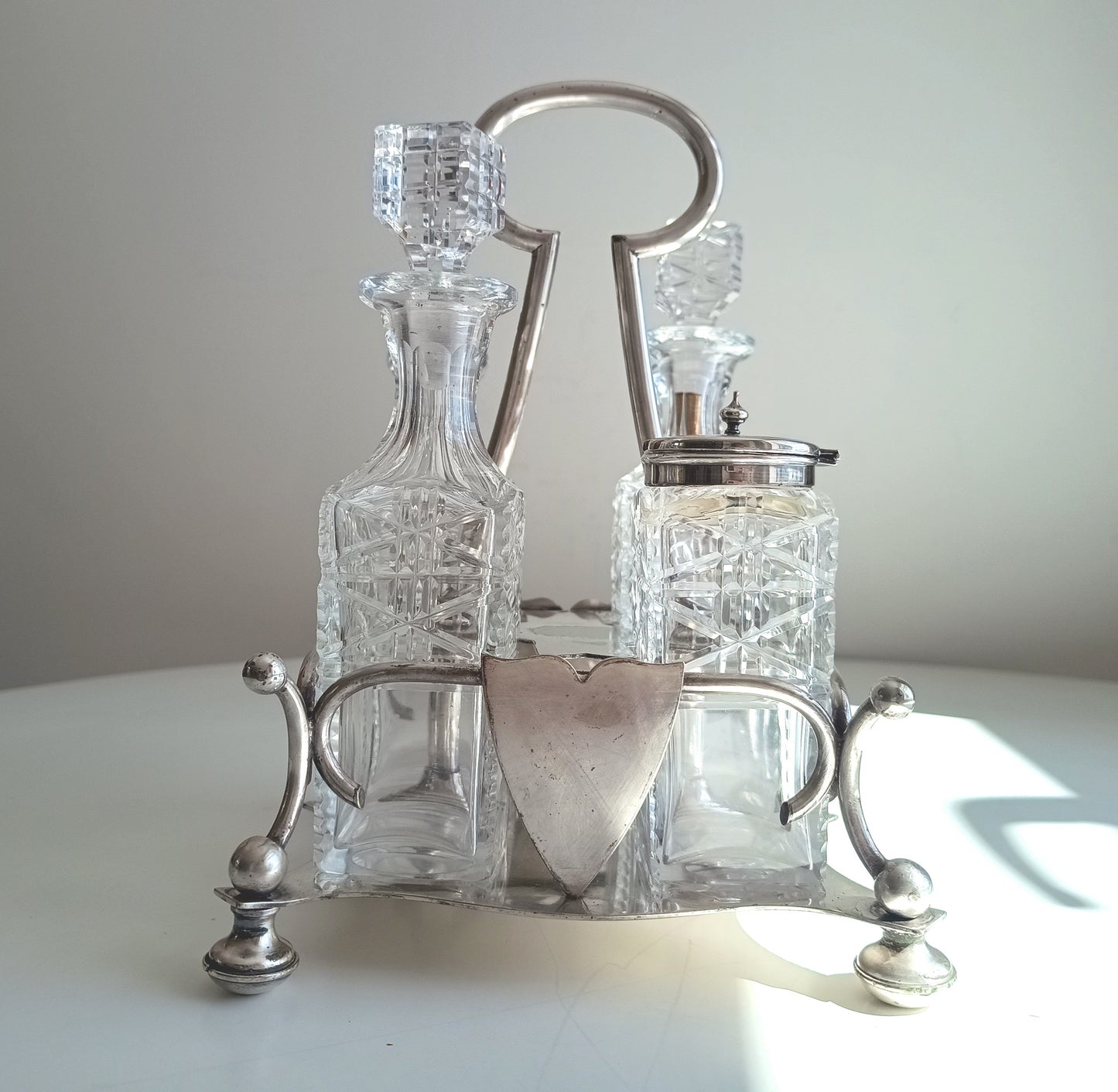 Antique Silver Plate Cruet Stand: Cut Glass Bottles, Cayenne Pepper Server, James Dixon, 1890s