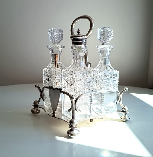 Antique Silver Plate Cruet Stand: Cut Glass Bottles, Cayenne Pepper Server, James Dixon, 1890s