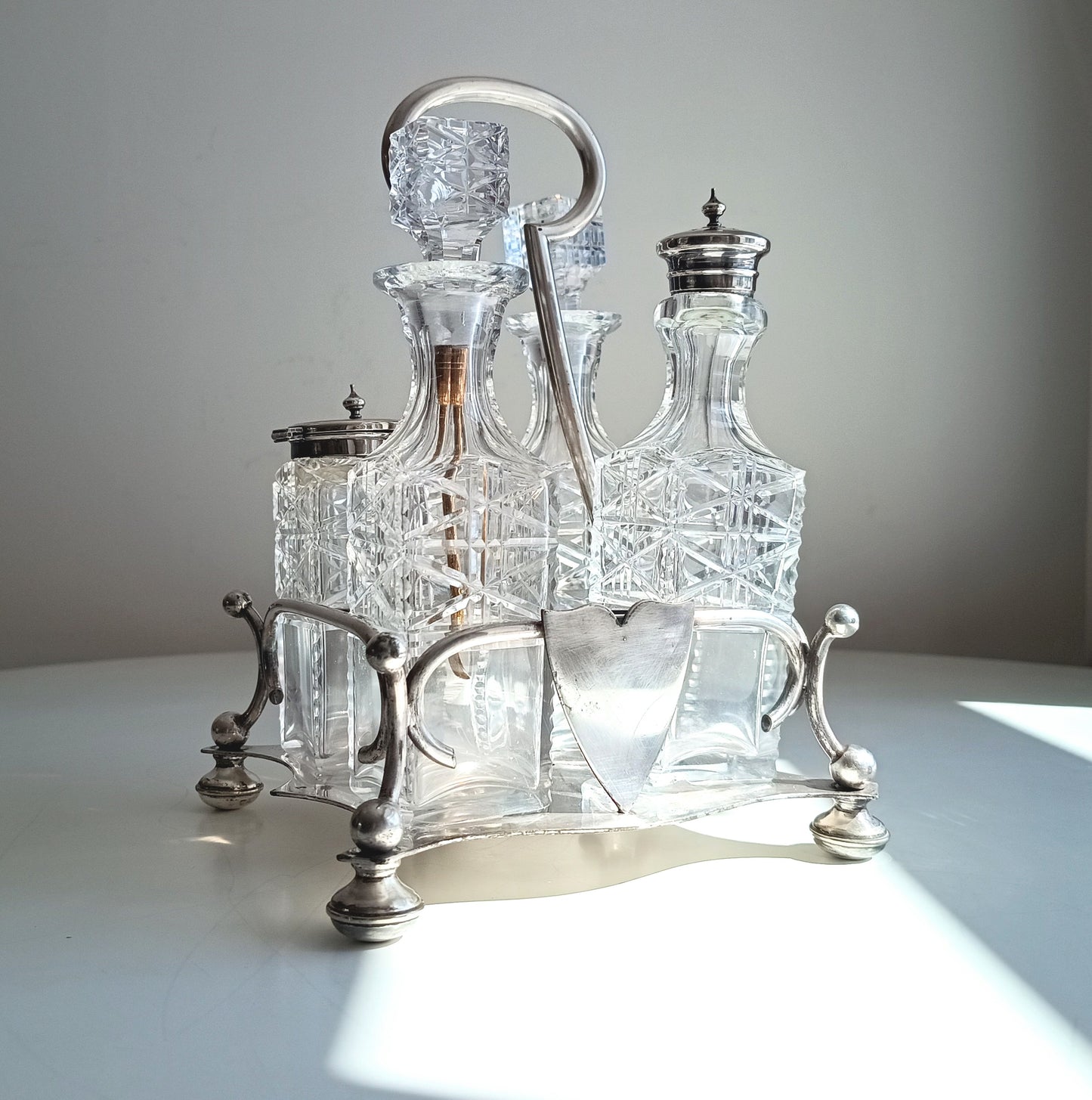 Antique Silver Plate Cruet Stand: Cut Glass Bottles, Cayenne Pepper Server, James Dixon, 1890s