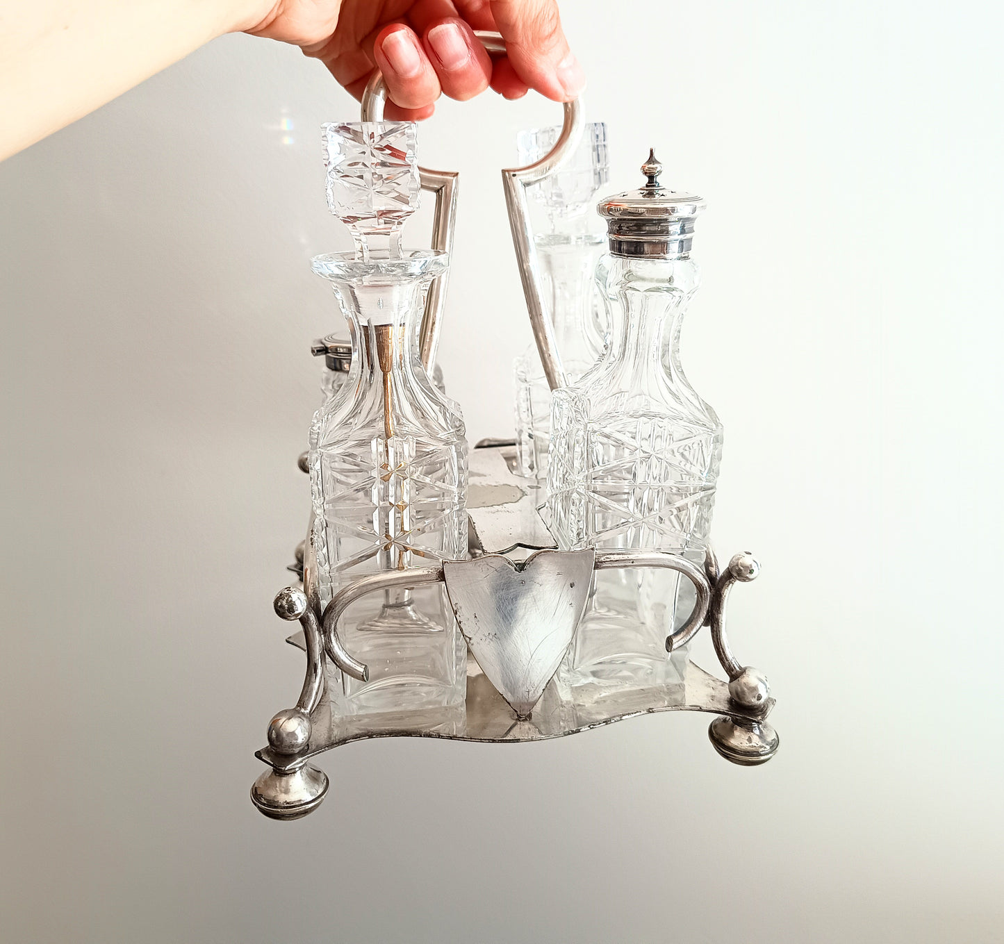 Antique Silver Plate Cruet Stand: Cut Glass Bottles, Cayenne Pepper Server, James Dixon, 1890s