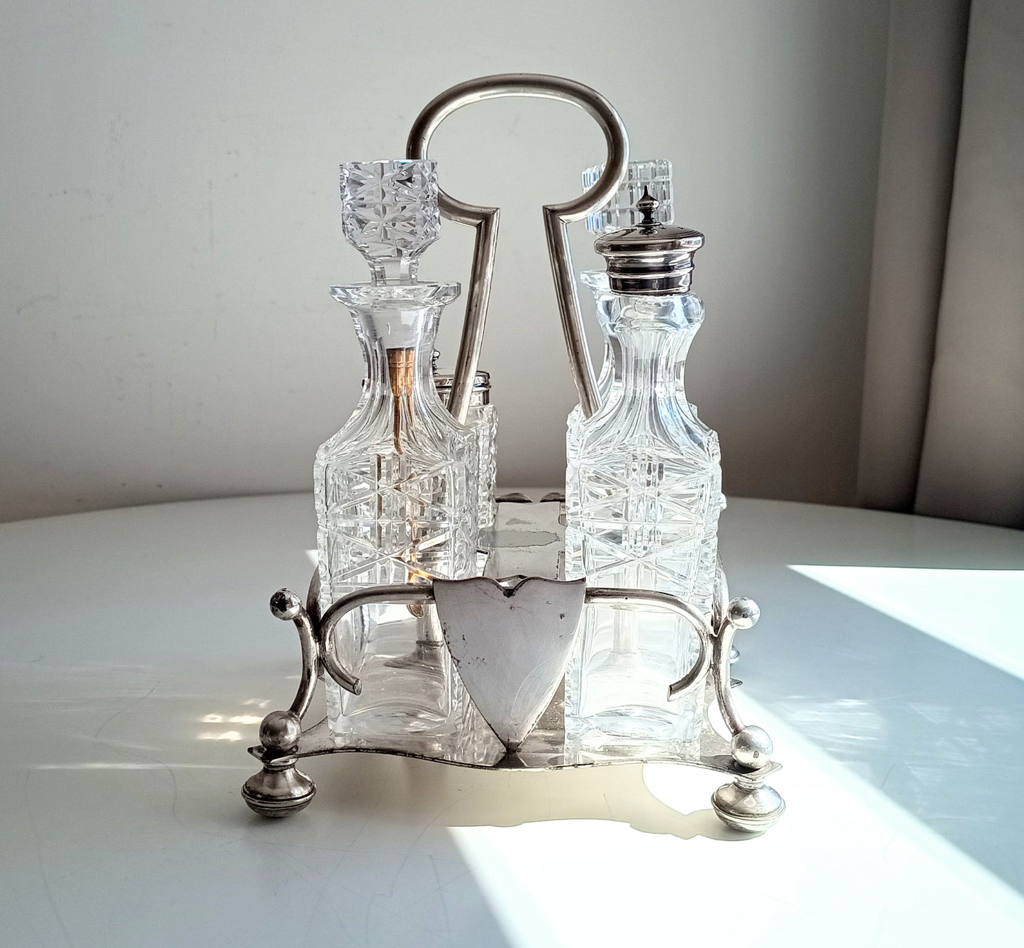 Antique Silver Plate Cruet Stand: Cut Glass Bottles, Cayenne Pepper Server, James Dixon, 1890s