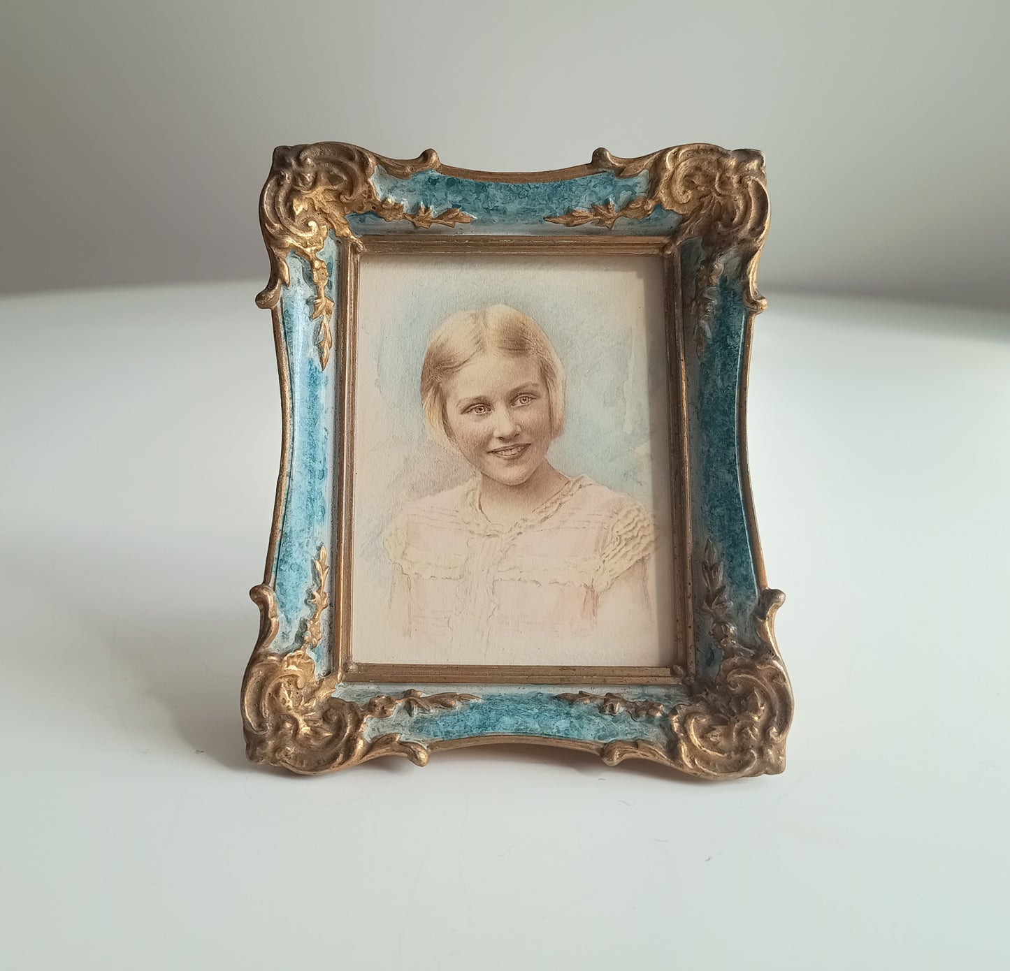 Antique Hand-Finished Pastel Miniature Portrait: Blond Girl, Turquoise Gilt Tabletop Frame