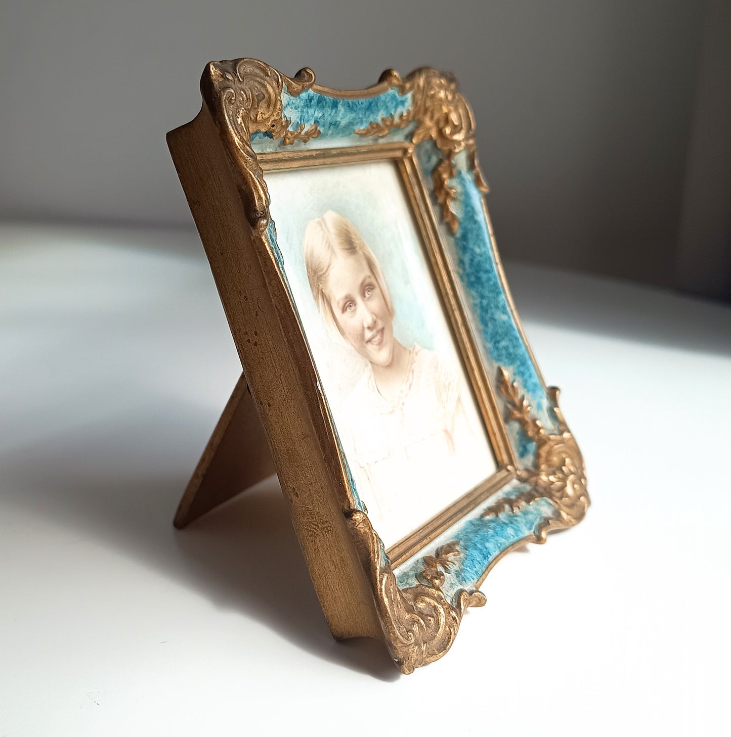 Antique Hand-Finished Pastel Miniature Portrait: Blond Girl, Turquoise Gilt Tabletop Frame