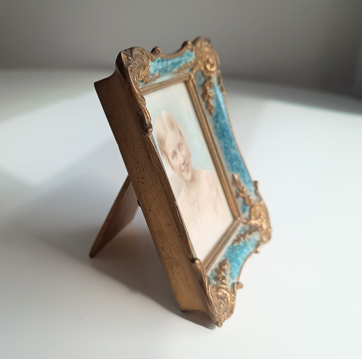 Antique Hand-Finished Pastel Miniature Portrait: Blond Girl, Turquoise Gilt Tabletop Frame