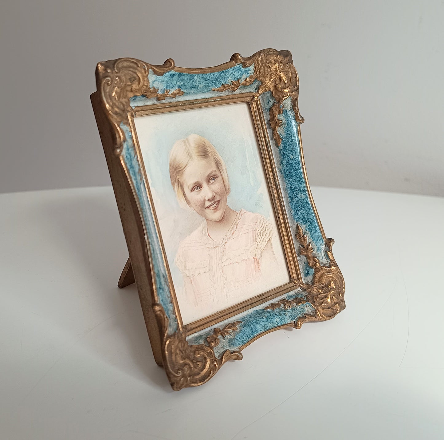 Antique Hand-Finished Pastel Miniature Portrait: Blond Girl, Turquoise Gilt Tabletop Frame