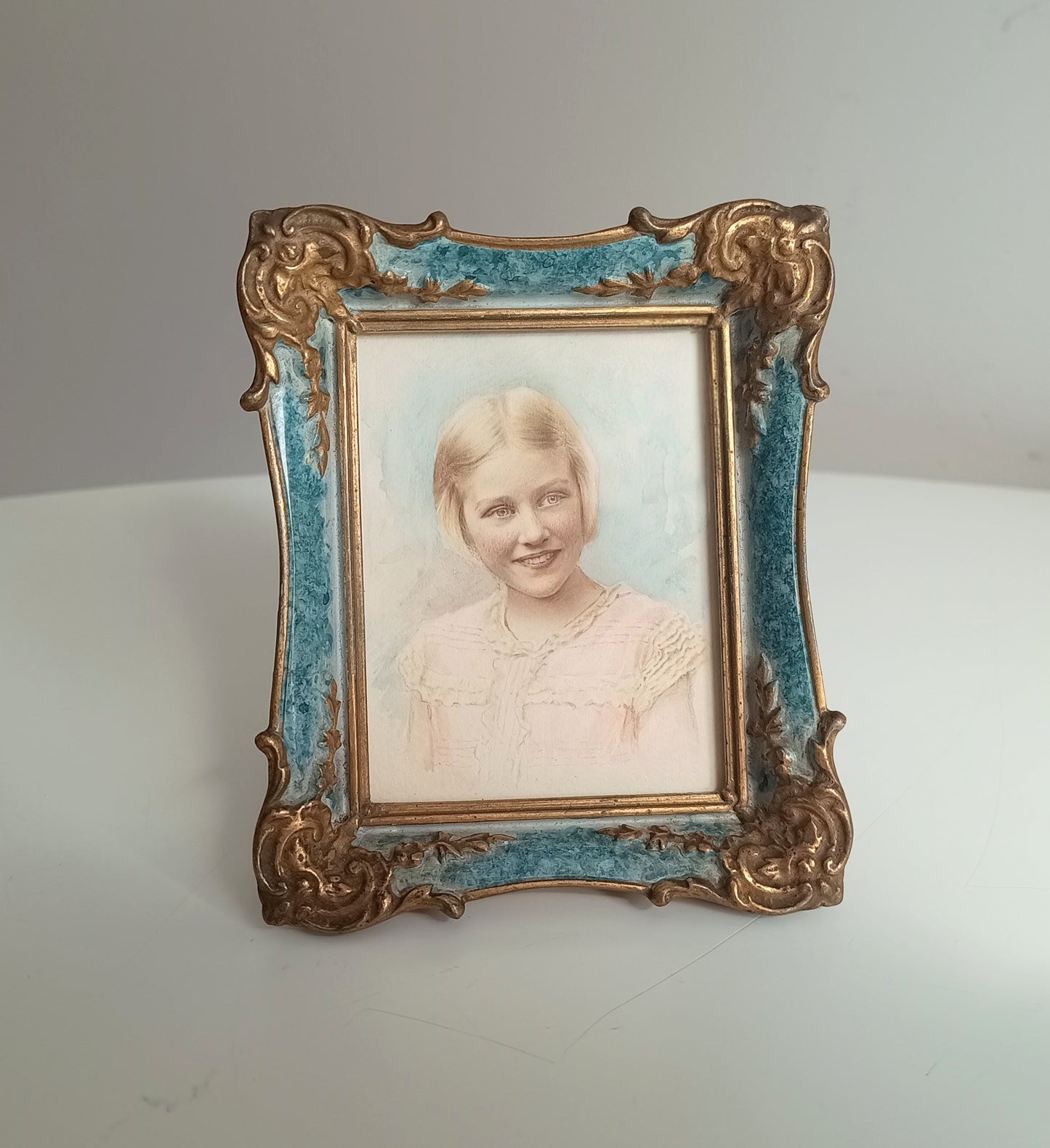Antique Hand-Finished Pastel Miniature Portrait: Blond Girl, Turquoise Gilt Tabletop Frame