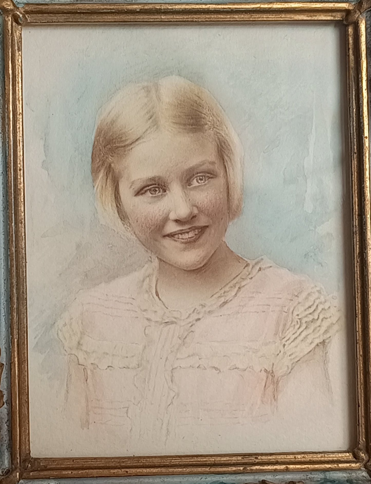 Antique Hand-Finished Pastel Miniature Portrait: Blond Girl, Turquoise Gilt Tabletop Frame
