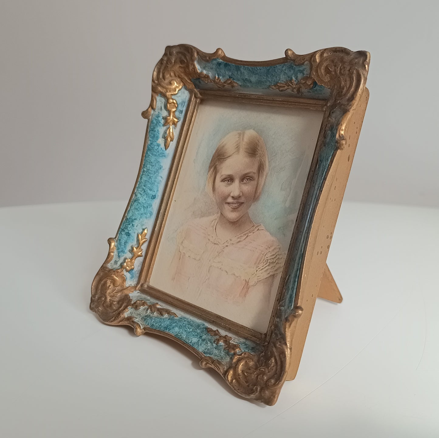 Antique Hand-Finished Pastel Miniature Portrait: Blond Girl, Turquoise Gilt Tabletop Frame