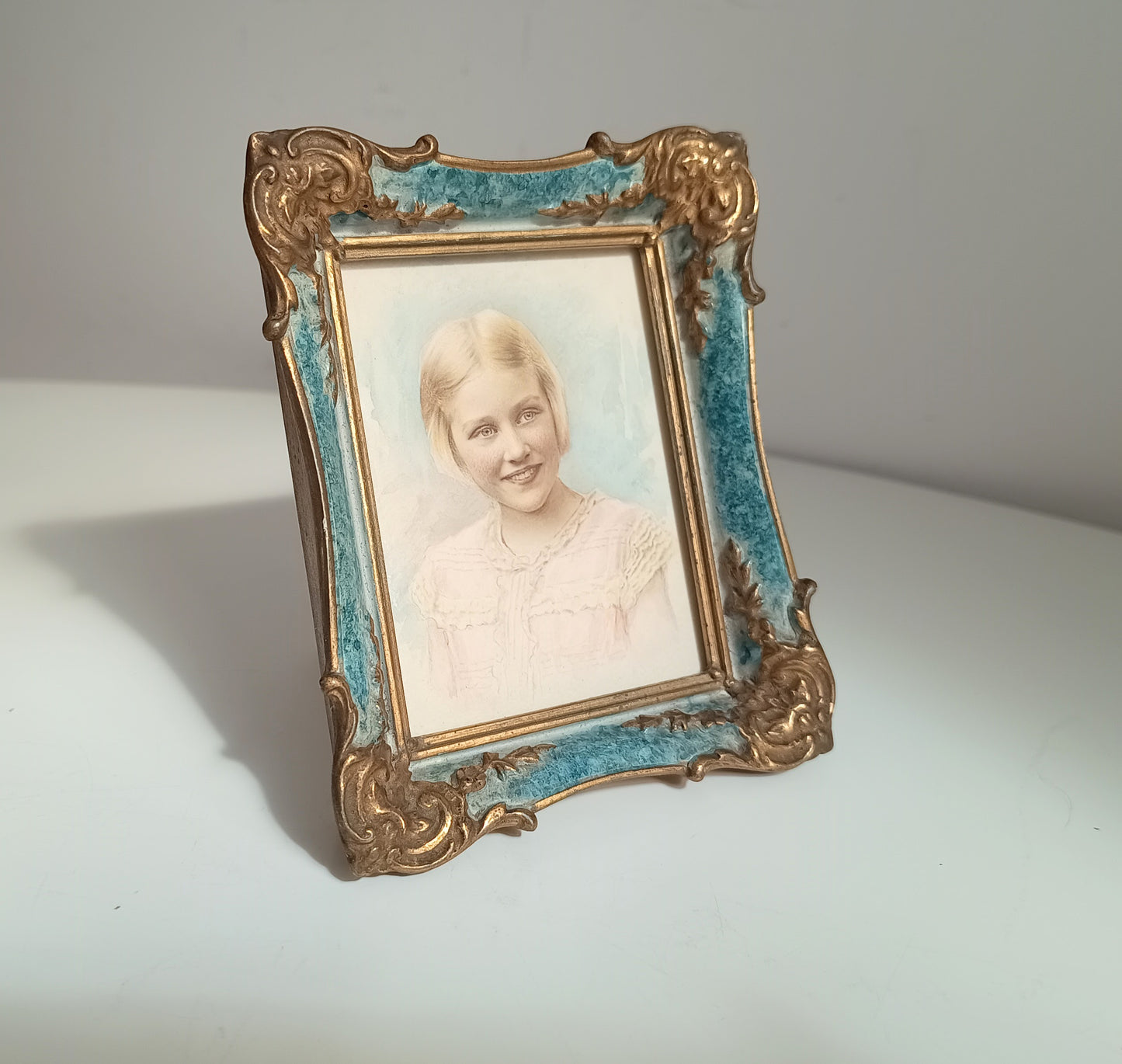 Antique Hand-Finished Pastel Miniature Portrait: Blond Girl, Turquoise Gilt Tabletop Frame