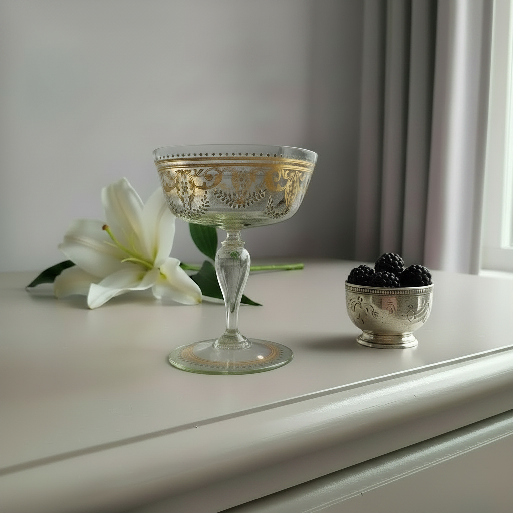 Antique Moser Octagonal Champagne Coupe Glass: Gold Enamels, Rose Garlands, Art Nouveau Goblet
