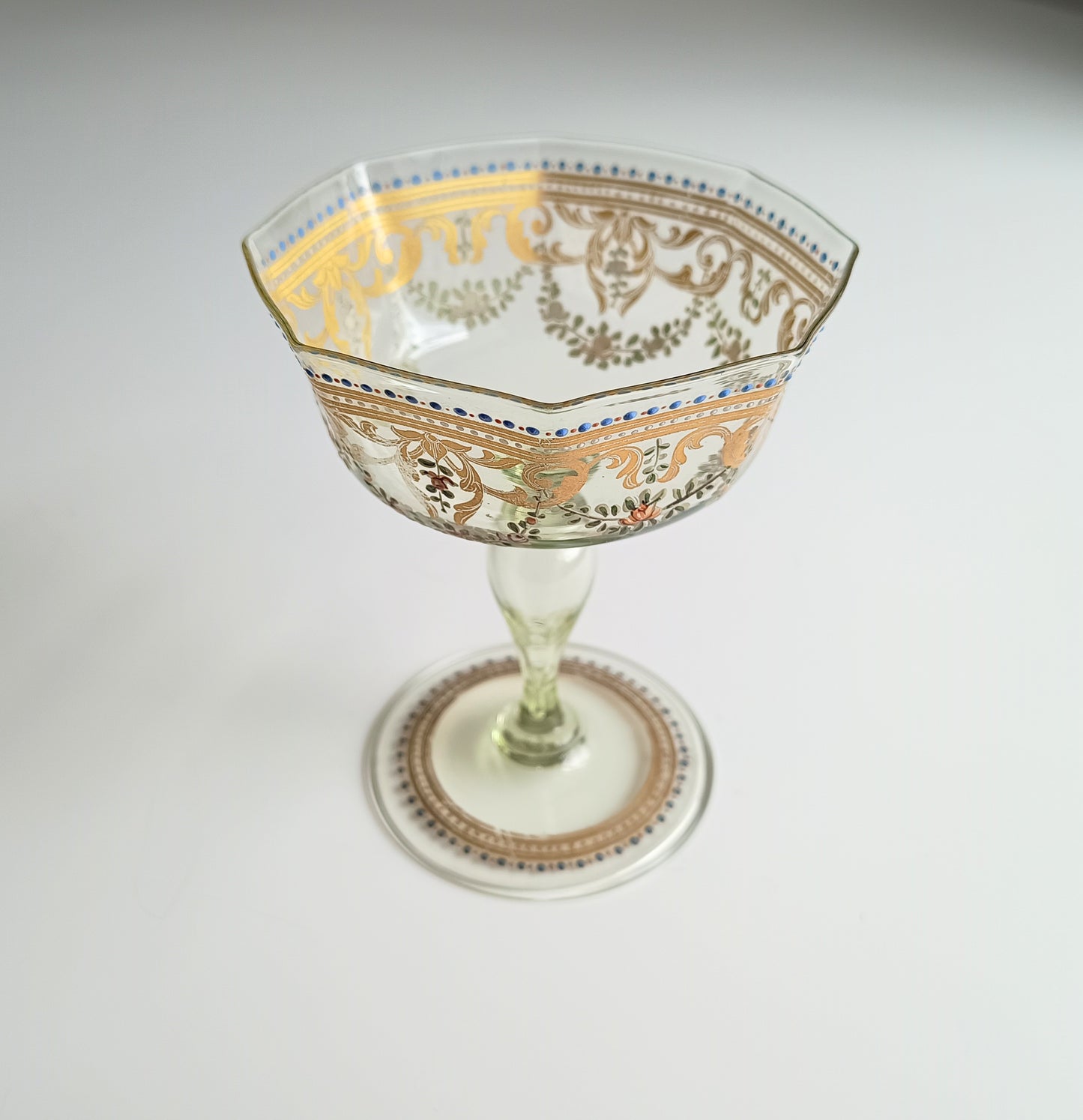 Antique Moser Octagonal Champagne Coupe Glass: Gold Enamels, Rose Garlands, Art Nouveau Goblet