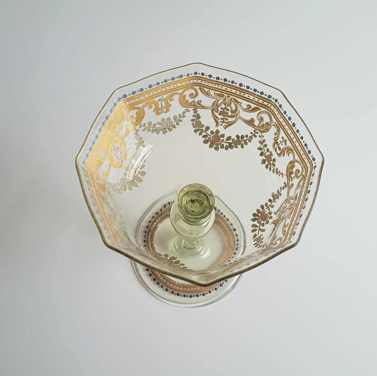 Antique Moser Octagonal Champagne Coupe Glass: Gold Enamels, Rose Garlands, Art Nouveau Goblet