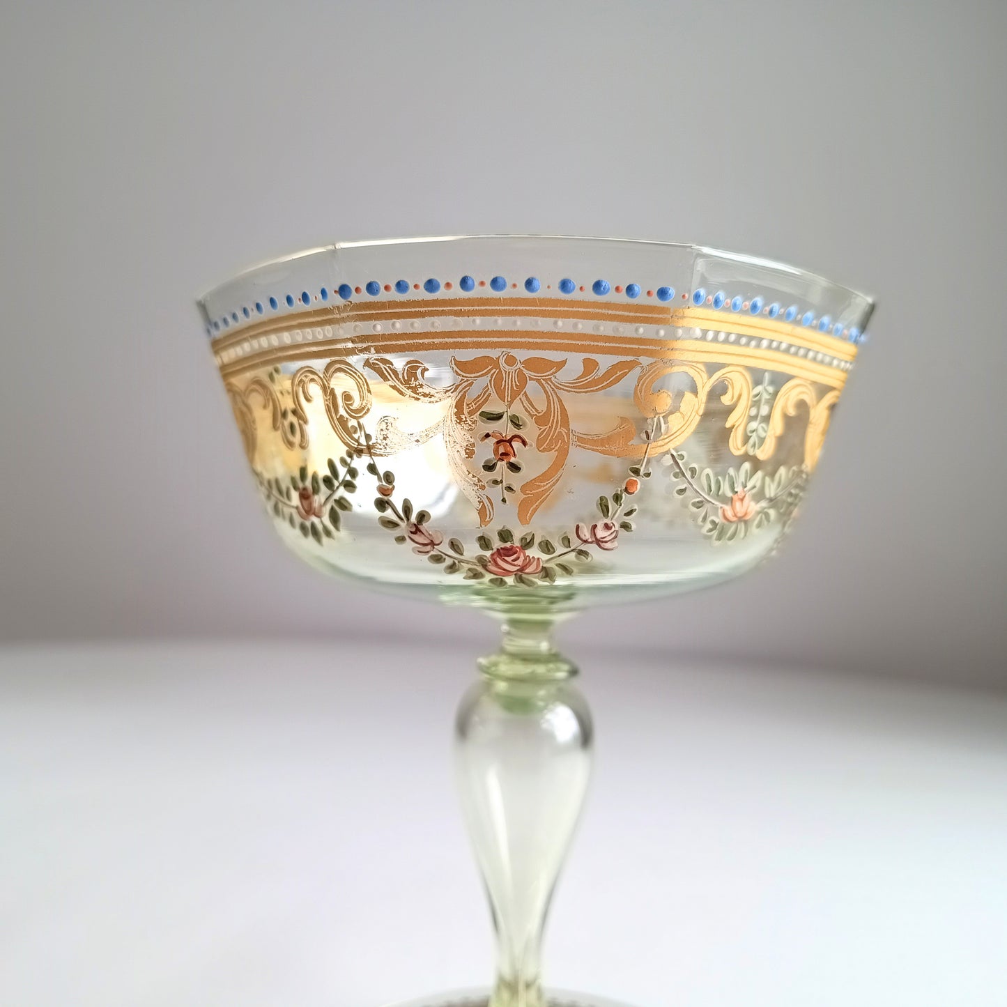 Antique Moser Octagonal Champagne Coupe Glass: Gold Enamels, Rose Garlands, Art Nouveau Goblet