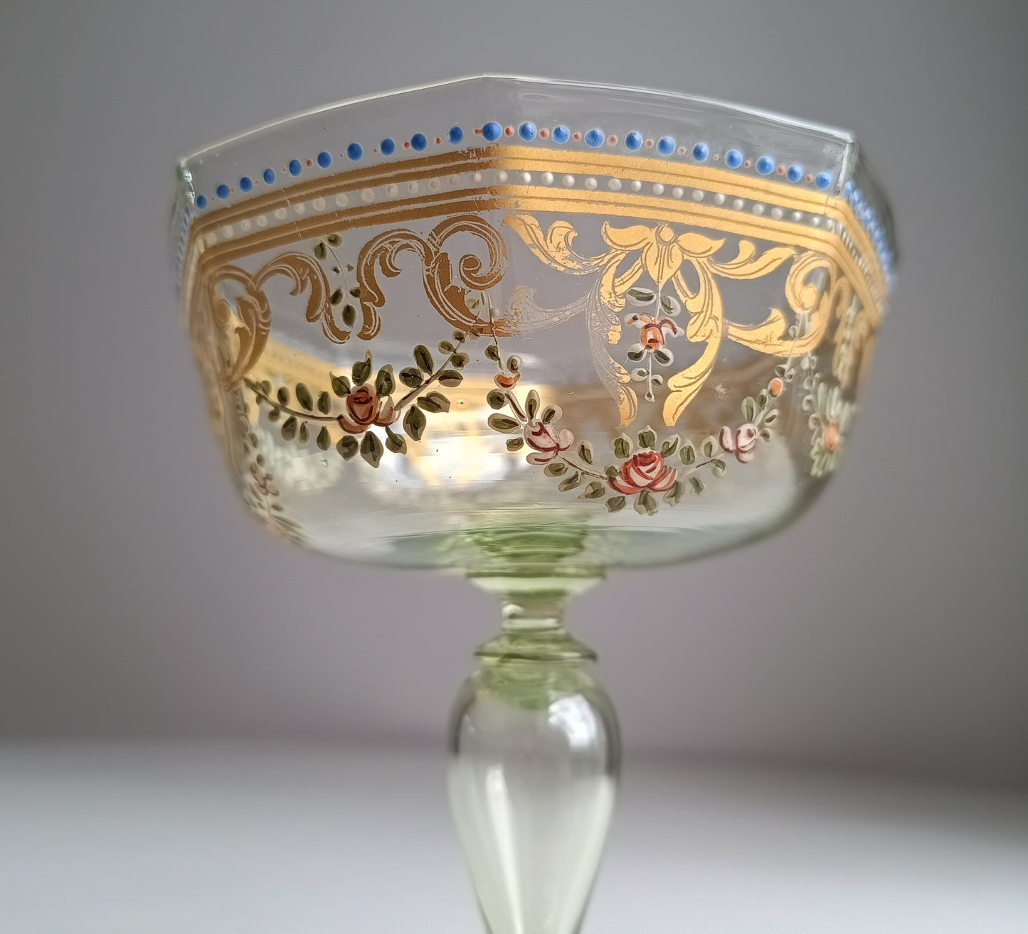 Antique Moser Octagonal Champagne Coupe Glass: Gold Enamels, Rose Garlands, Art Nouveau Goblet