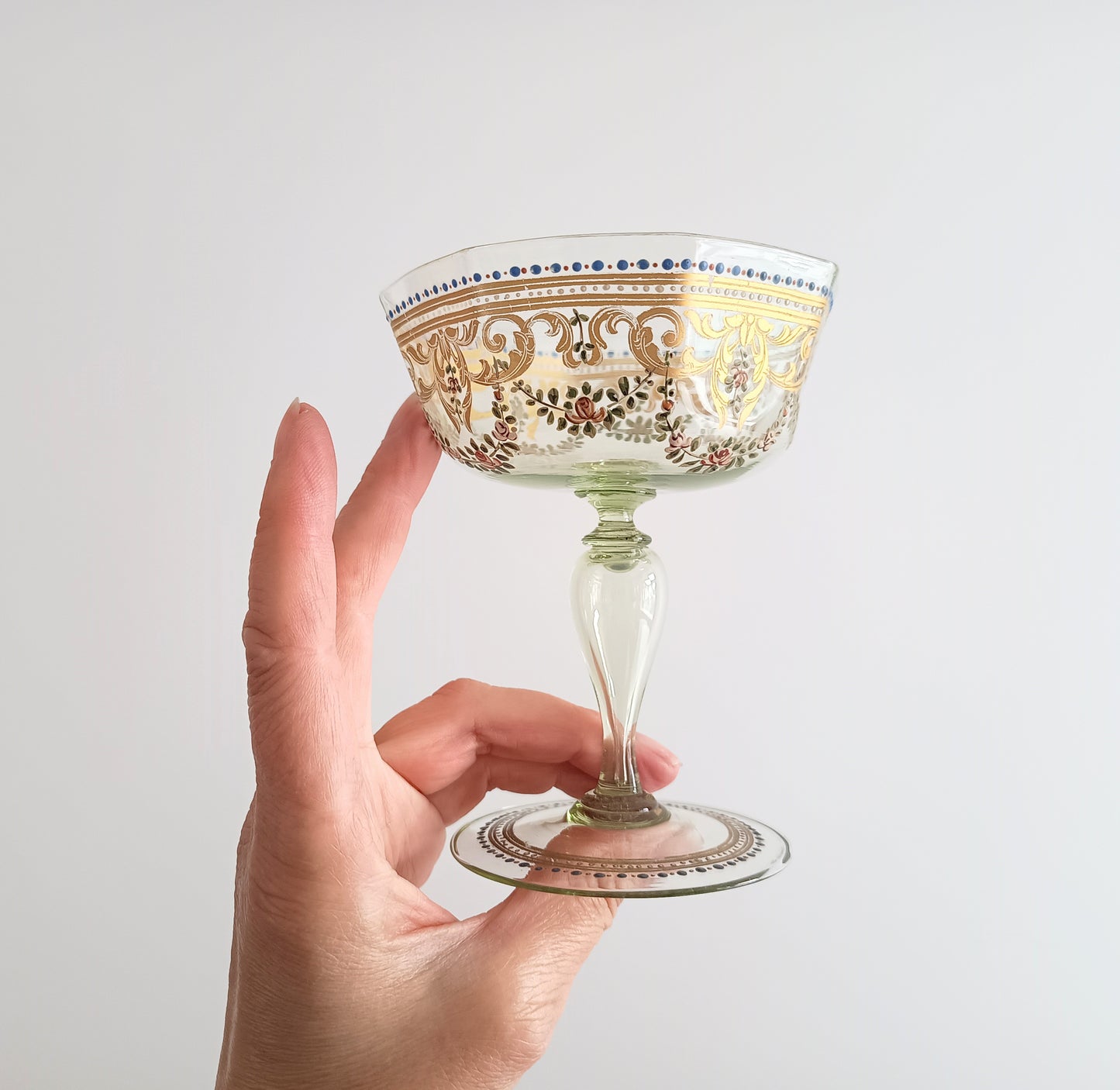 Antique Moser Octagonal Champagne Coupe Glass: Gold Enamels, Rose Garlands, Art Nouveau Goblet