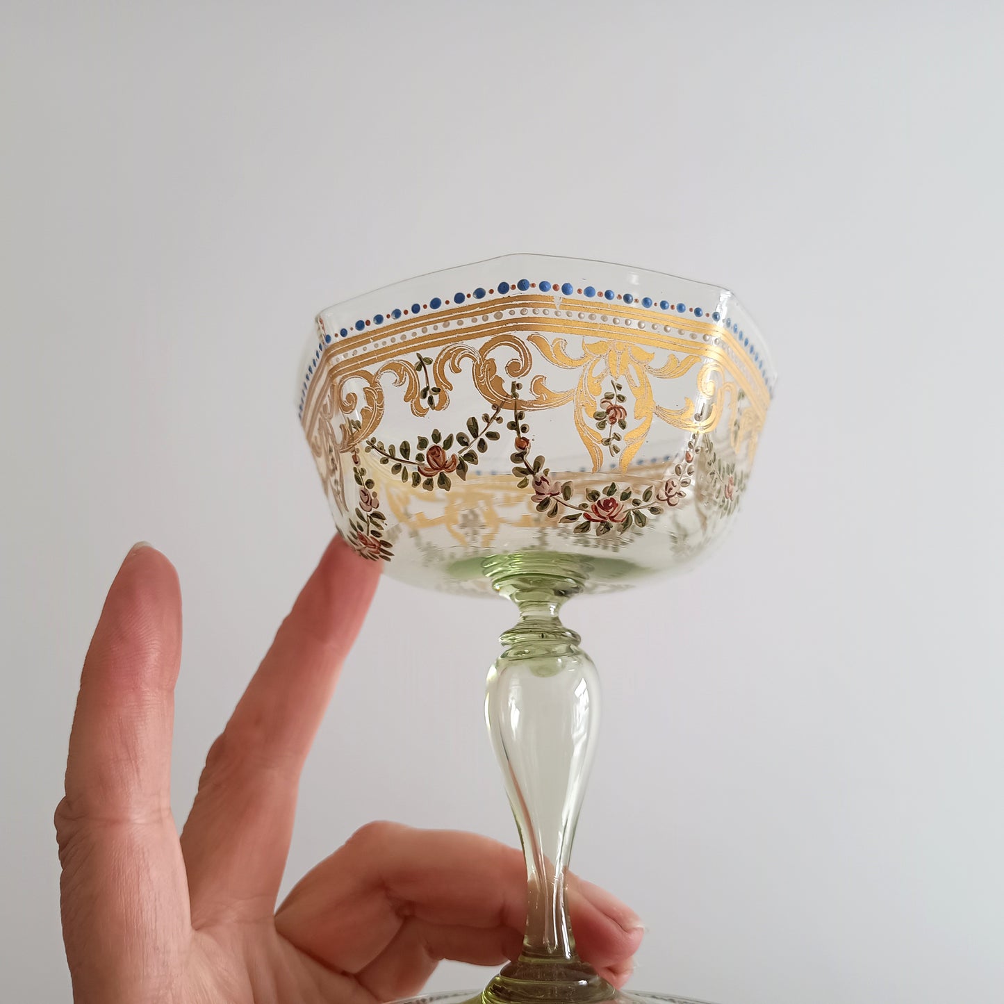 Antique Moser Octagonal Champagne Coupe Glass: Gold Enamels, Rose Garlands, Art Nouveau Goblet