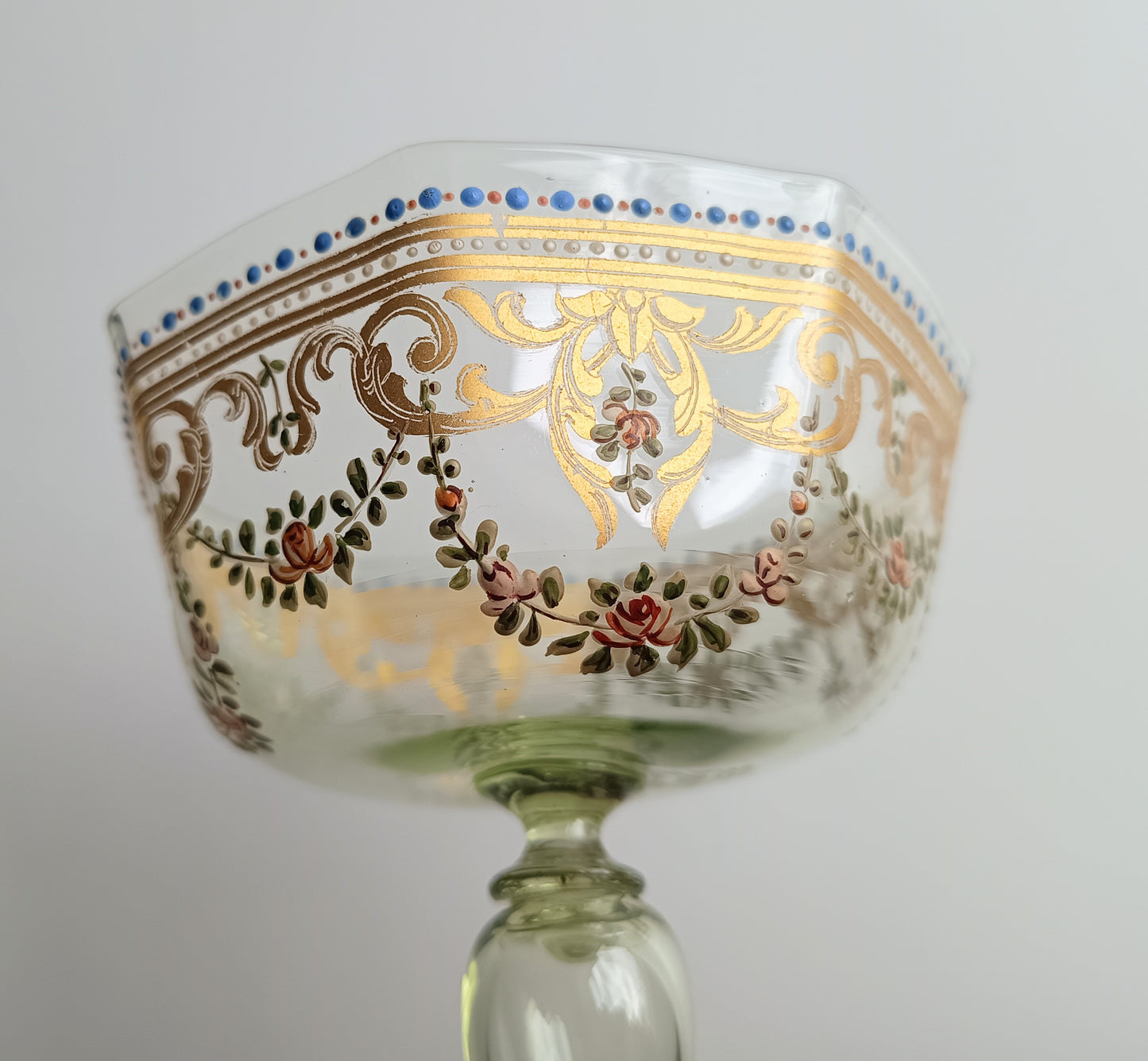 Antique Moser Octagonal Champagne Coupe Glass: Gold Enamels, Rose Garlands, Art Nouveau Goblet