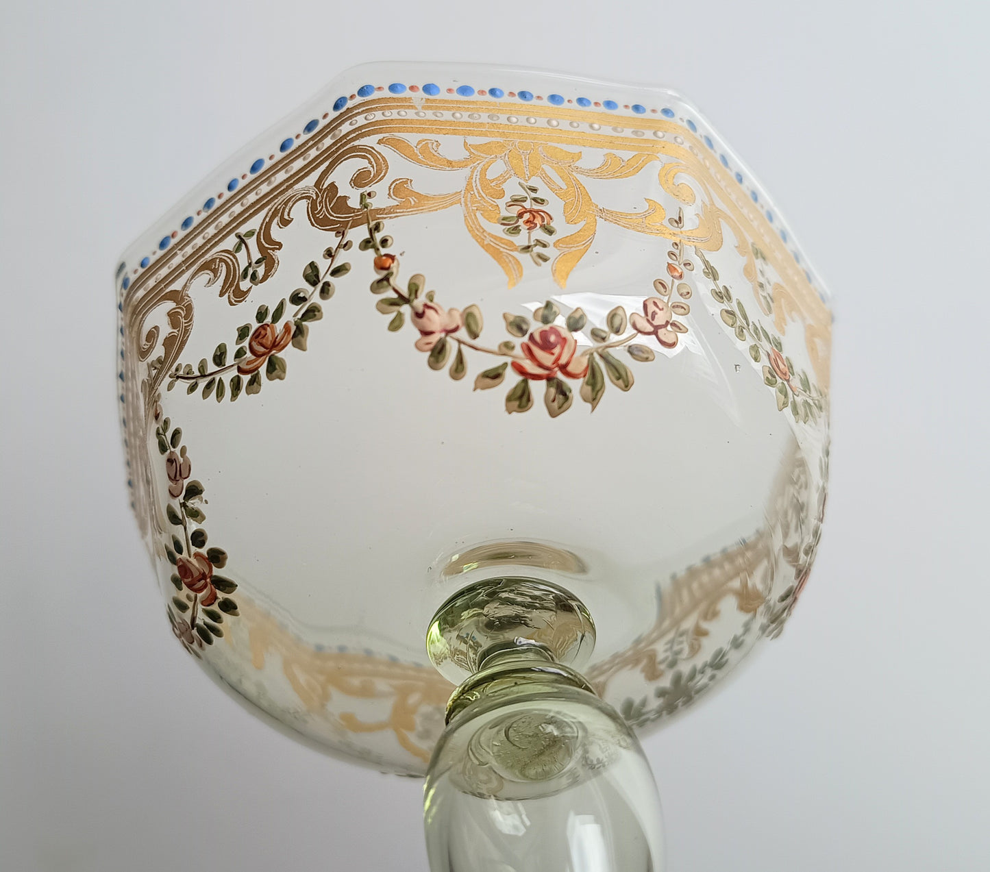 Antique Moser Octagonal Champagne Coupe Glass: Gold Enamels, Rose Garlands, Art Nouveau Goblet