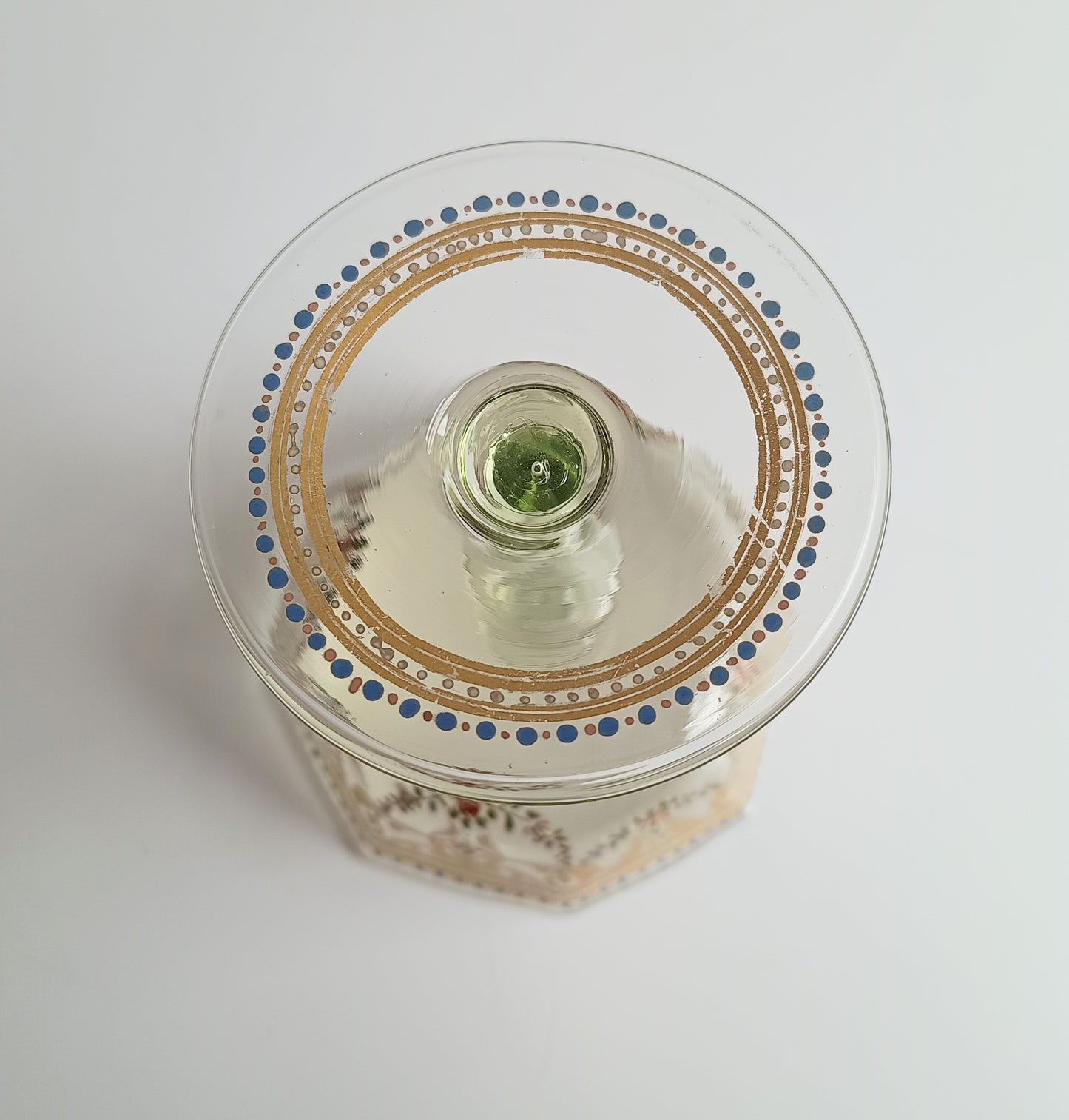 Antique Moser Octagonal Champagne Coupe Glass: Gold Enamels, Rose Garlands, Art Nouveau Goblet