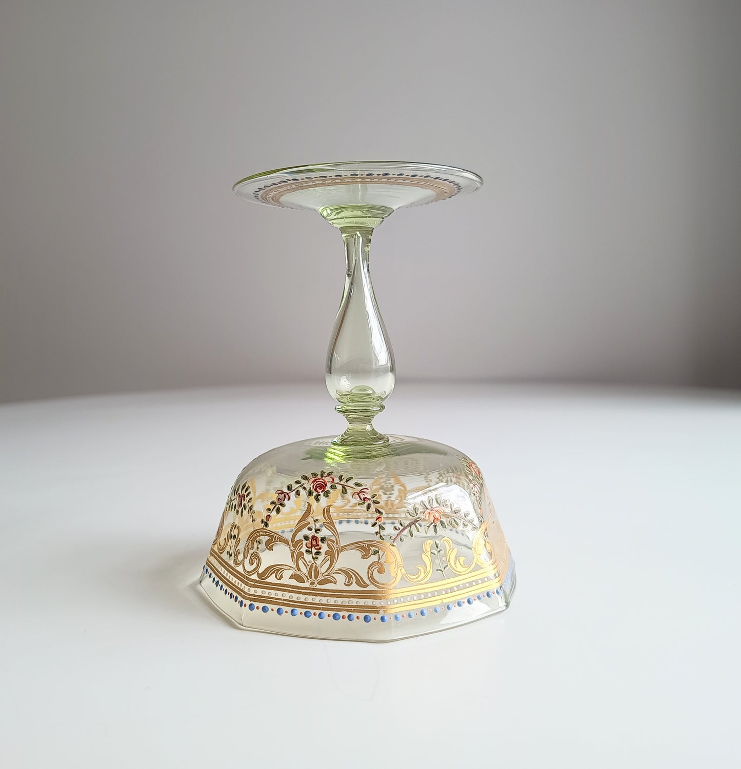 Antique Moser Octagonal Champagne Coupe Glass: Gold Enamels, Rose Garlands, Art Nouveau Goblet