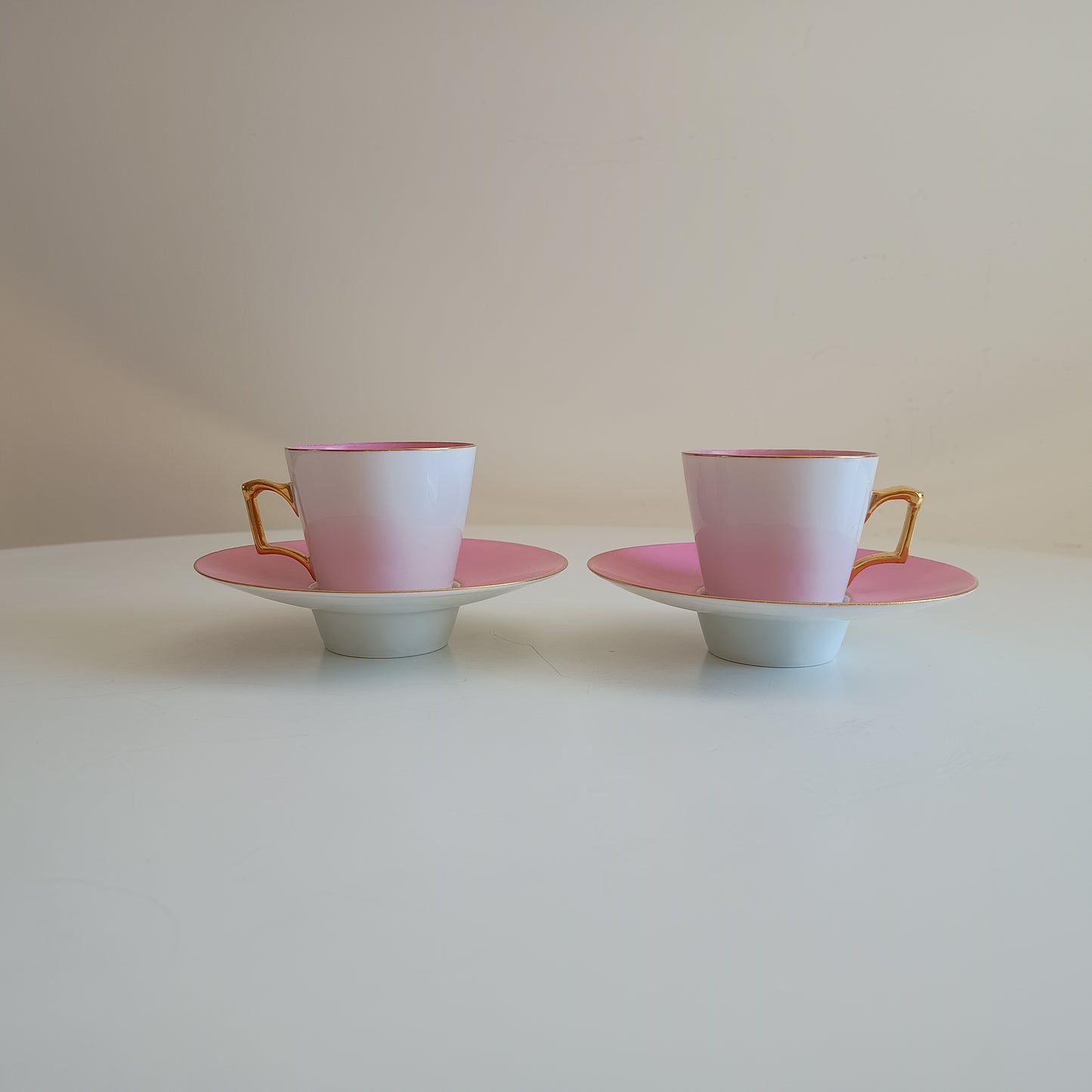 Vintage Trembleuse Tea / Chocolate Cups & Saucers: Pink and White Pair, Gilt Handles