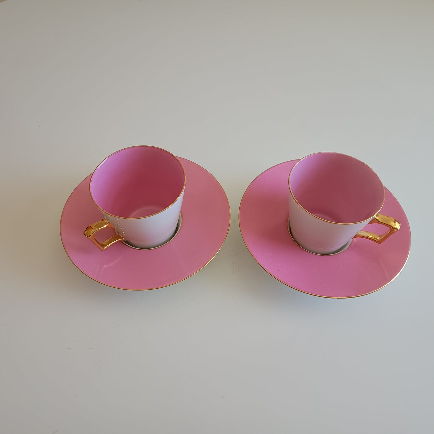 Vintage Trembleuse Tea / Chocolate Cups & Saucers: Pink and White Pair, Gilt Handles