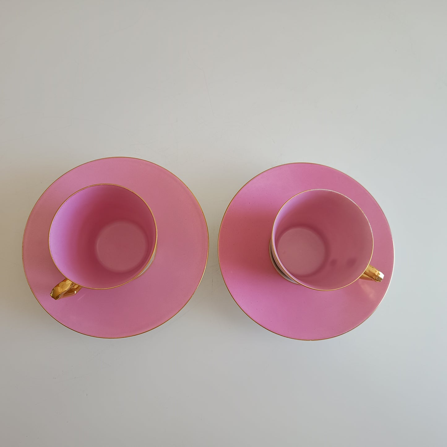 Vintage Trembleuse Tea / Chocolate Cups & Saucers: Pink and White Pair, Gilt Handles