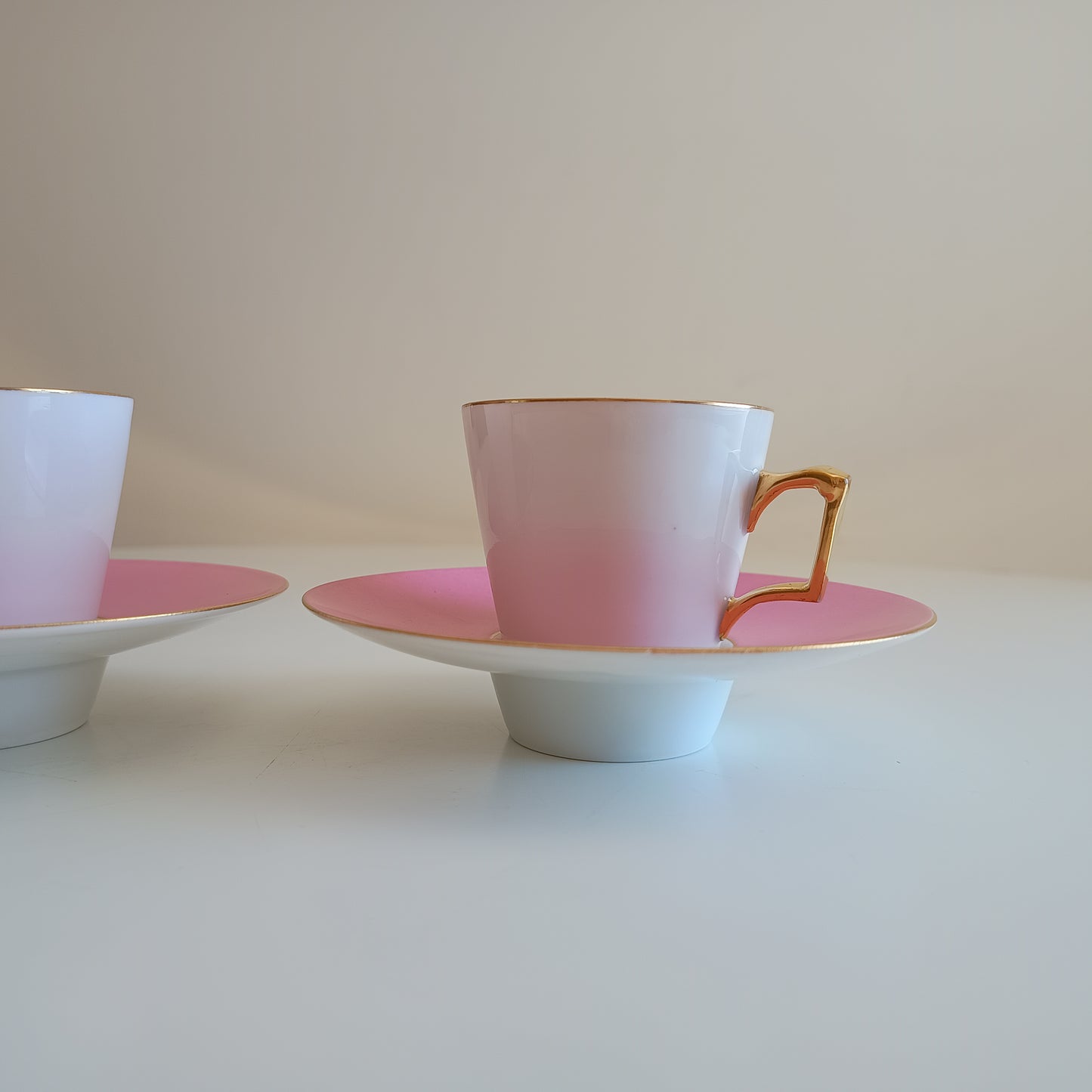 Vintage Trembleuse Tea / Chocolate Cups & Saucers: Pink and White Pair, Gilt Handles