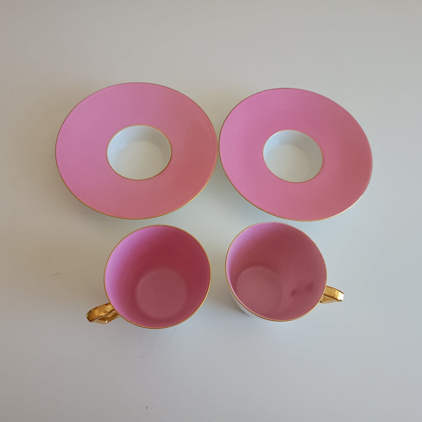 Vintage Trembleuse Tea / Chocolate Cups & Saucers: Pink and White Pair, Gilt Handles