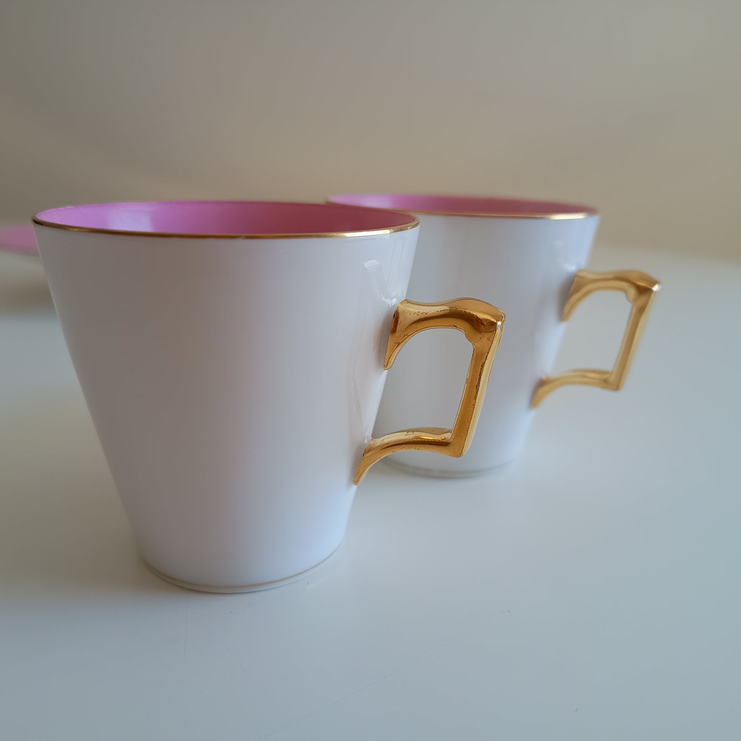 Vintage Trembleuse Tea / Chocolate Cups & Saucers: Pink and White Pair, Gilt Handles