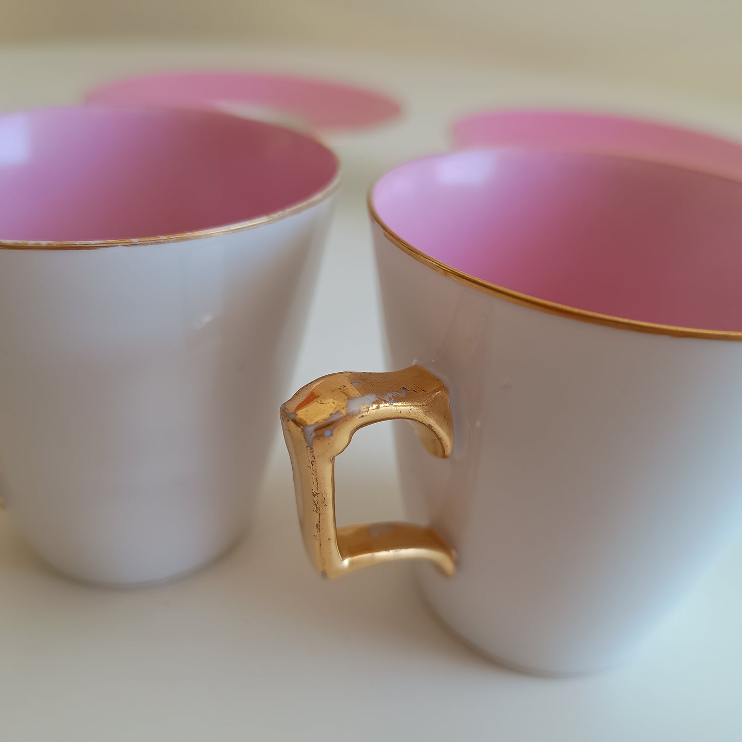 Vintage Trembleuse Tea / Chocolate Cups & Saucers: Pink and White Pair, Gilt Handles