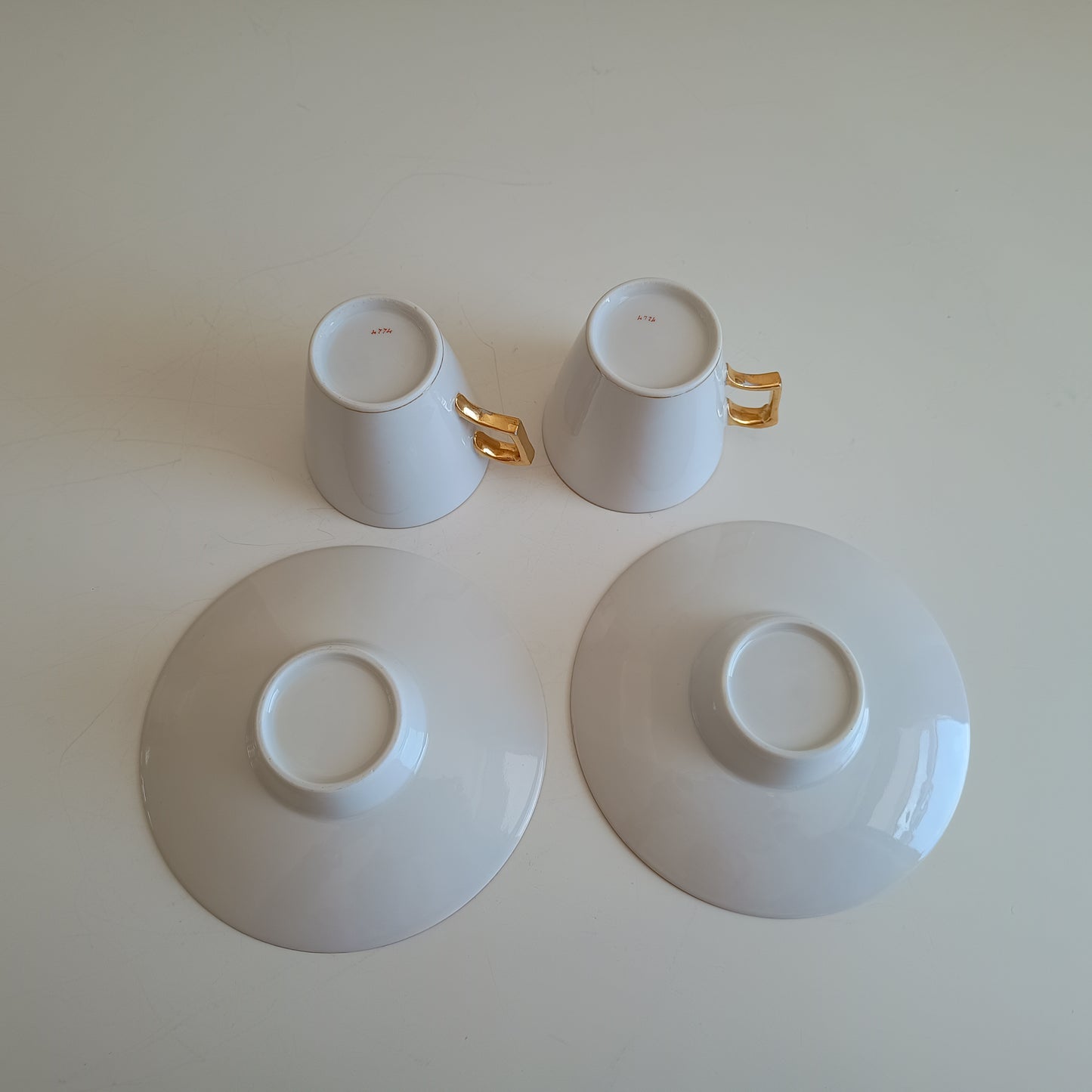 Vintage Trembleuse Tea / Chocolate Cups & Saucers: Pink and White Pair, Gilt Handles