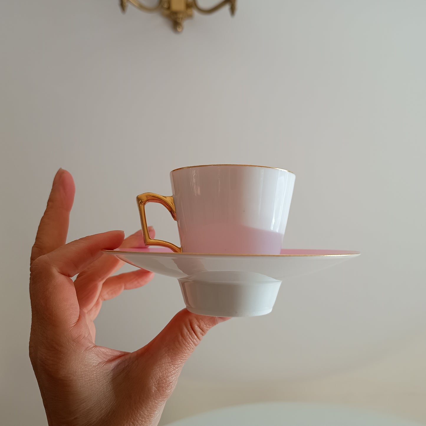 Vintage Trembleuse Tea / Chocolate Cups & Saucers: Pink and White Pair, Gilt Handles